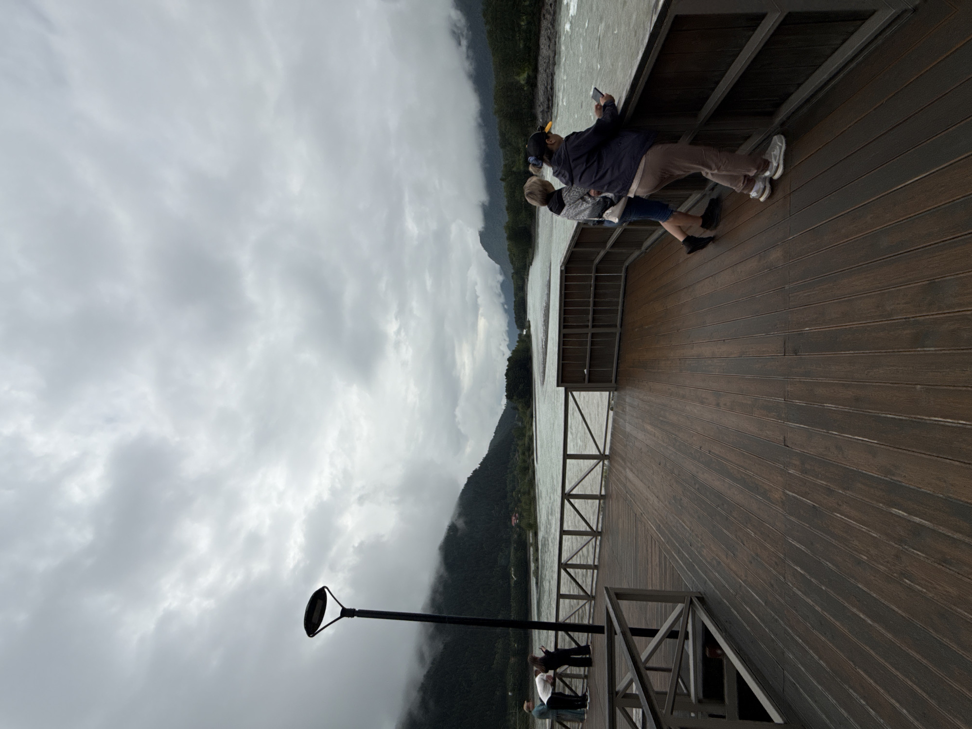 The image depicts a wooden boardwalk overlooking a wide, fast-flowing river in Elekmonar, Russia. The sky is overcast with heavy, gray clouds, creating a muted and somewhat somber atmosphere. On the left side of the boardwalk, a modern black lamppost stands tall, silhouetted against the cloudy sky. In the background, lush green mountains rise, their peaks partially obscured by mist, suggesting a humid or rainy climate. The river itself appears turbulent, with whitecaps indicating strong currents.
On the boardwalk, several individuals are visible. Towards the left, three people are standing near the railing, looking out at the river. One person in the foreground, wearing a white shirt and dark pants, is facing away from the camera. To their left, another person in a light blue top and dark pants also faces the river. Further to the left, partially obscured, is a fourth person.
In the mid-ground on the boardwalk, two individuals are standing closer together, also observing the river. One person has blonde hair and is wearing a patterned jacket and jeans, with a white purse slung over their shoulder. They are looking to the right. Beside them, another person wearing a dark jacket, light-colored pants, and a baseball cap is holding a smartphone and looking at it. Their posture suggests they are engaged with the device.
The boardwalk is constructed of dark wooden planks, laid in parallel rows, and features wooden railings that provide safety for those walking on it. The perspective of the image is from a low angle, emphasizing the expanse of the boardwalk and the natural landscape beyond. The overall scene captures a moment of quiet observation of nature on a cloudy day in a mountainous, riverside location.