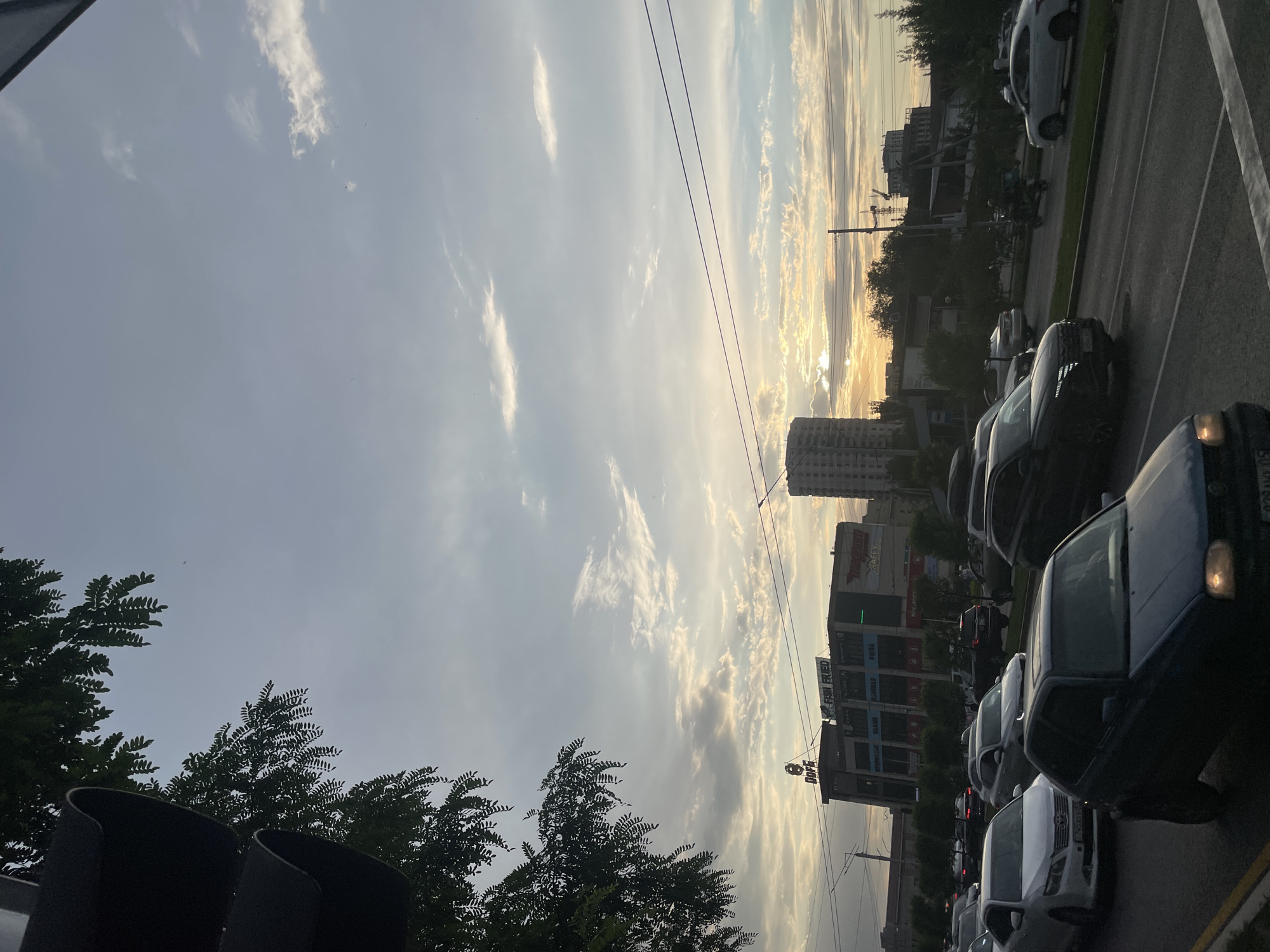 The image captures a street scene in Almaty, Kazakhstan, during a sunset. A traffic light is visible on the left side, partially obscuring a tree with green foliage. The sky is filled with dramatic clouds, illuminated by the setting sun which casts a warm glow.
The street is congested with vehicles, indicating rush hour. Cars of various models and colors are driving or stopped on the road. In the background, several buildings are visible, including a prominent multi-story complex with signage that appears to include "DOPE" and "FISH FRIED". There are also taller buildings and construction cranes, suggesting ongoing development in the city. Power lines crisscross the sky. The overall atmosphere is urban and busy, with a touch of natural beauty from the sunset.
