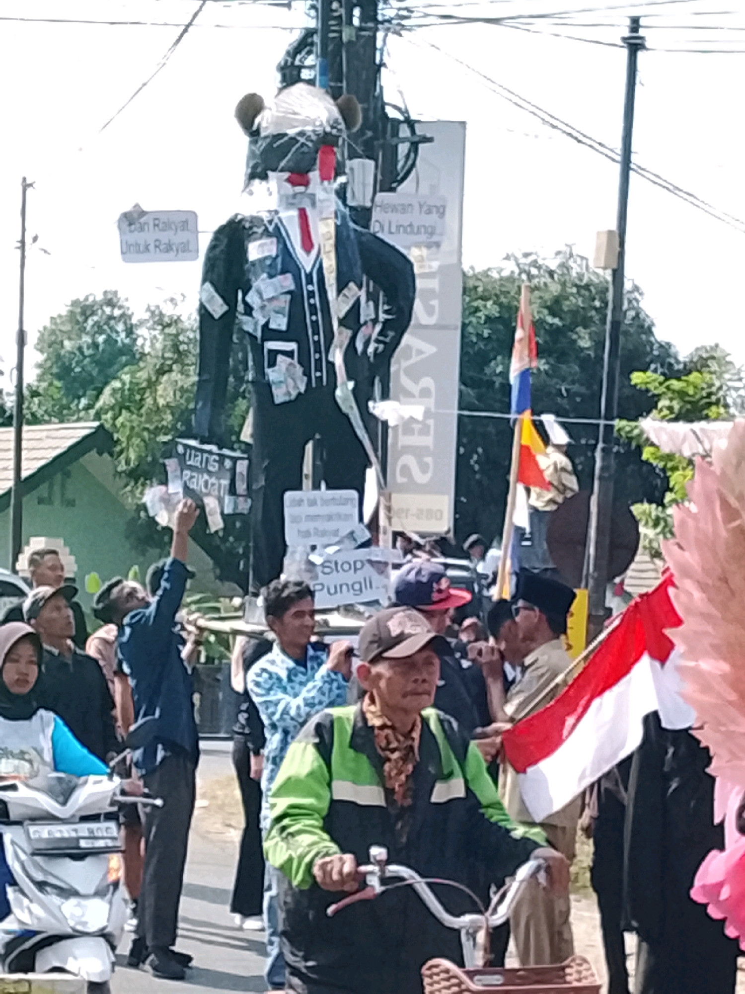 In Ujungrusi, Indonesia, a street scene unfolds around a large effigy of a figure dressed in a suit adorned with fake money. The effigy, positioned prominently, has signs attached to it, one reading "Uang Rakyat Untuk Rakyat" (People's Money for the People). Another sign nearby states "Hewan Yang Di Lindungi" (Protected Animals). A person in the foreground is reaching up towards the effigy, possibly holding or placing something. Several individuals are gathered, observing the effigy and the scene. Some are on foot, while others appear to be near a scooter. A red and white Indonesian flag is visible, held aloft by someone in the crowd. The environment suggests a sunny day, with trees and buildings visible in the background, indicating a semi-urban or rural setting. The overall atmosphere appears to be that of a public gathering or demonstration.