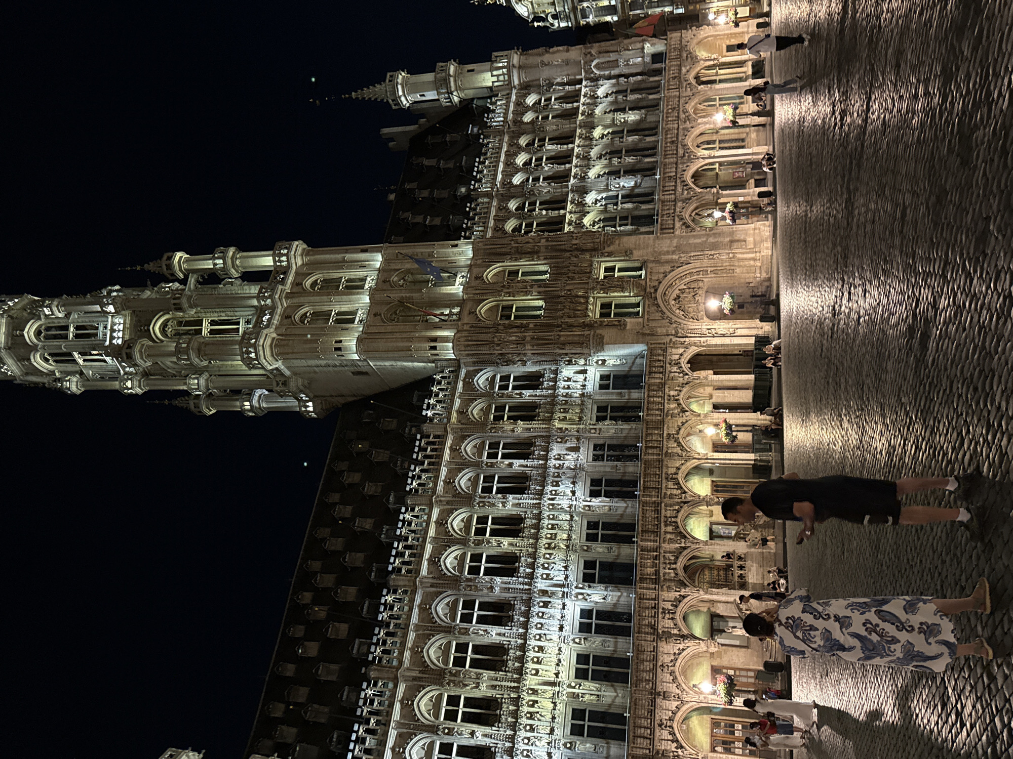 The image depicts the Grand Place in Brussels, Belgium at night. The scene is dominated by the ornate facade of a Gothic-style building, illuminated by artificial lights, with a tall tower extending into the dark sky. The cobblestone ground reflects the light, creating a shimmering effect. In the foreground, two individuals are standing in conversation. A woman on the left wears a long, patterned dress, and a man on the right is dressed in a t-shirt and shorts. Several other people are scattered throughout the square, some walking and others sitting, enjoying the nighttime ambiance. The architecture suggests a historic European city square, likely a popular tourist destination.