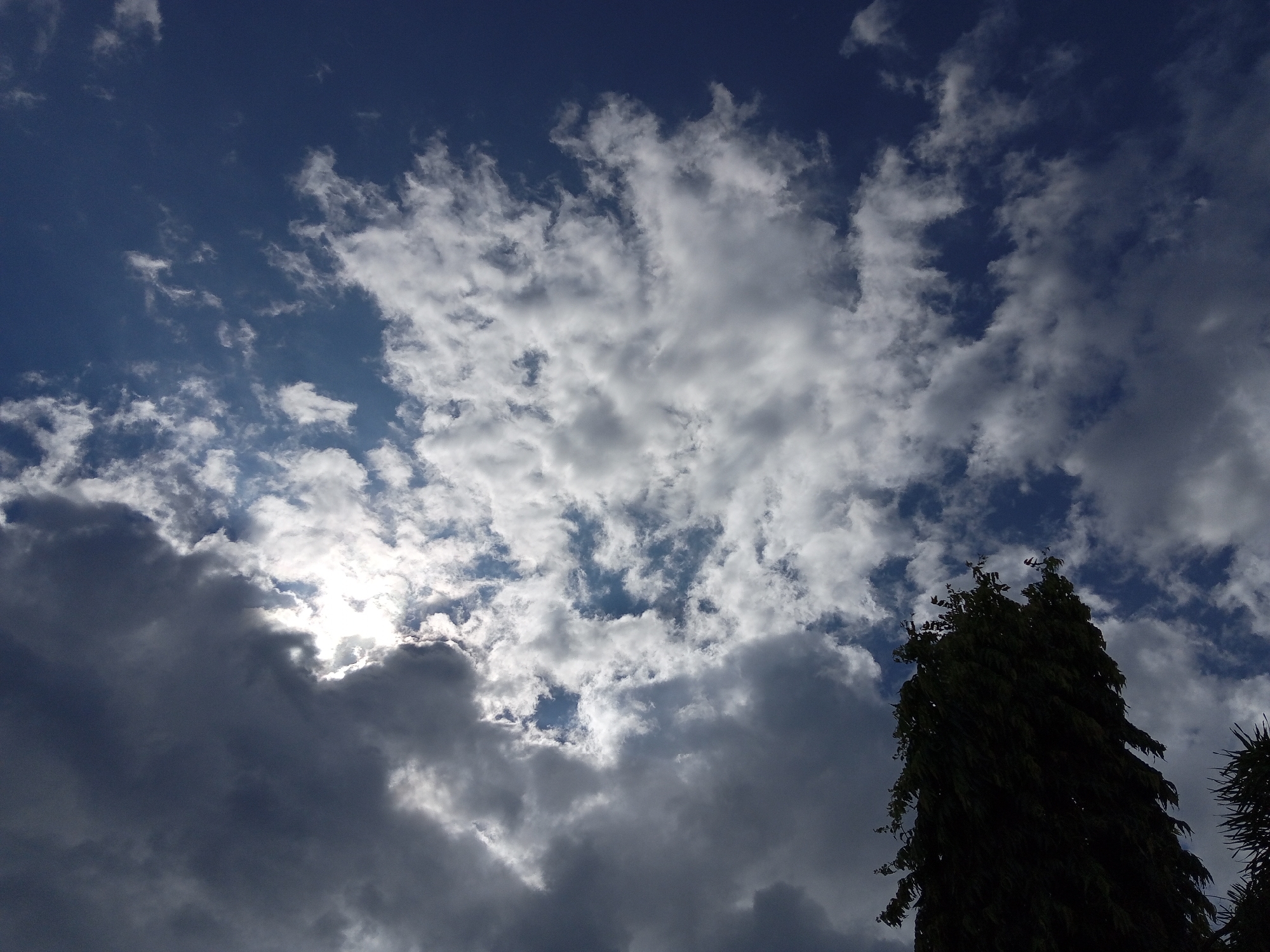 The image shows a partly cloudy sky over an unidentifiable location in Bireuen, Indonesia. The sky is blue with patches of white clouds, some thick and dark, and others thin and light. Sunlight is visible through a gap in the clouds. The top of a dark, coniferous tree is visible in the lower right corner of the frame.