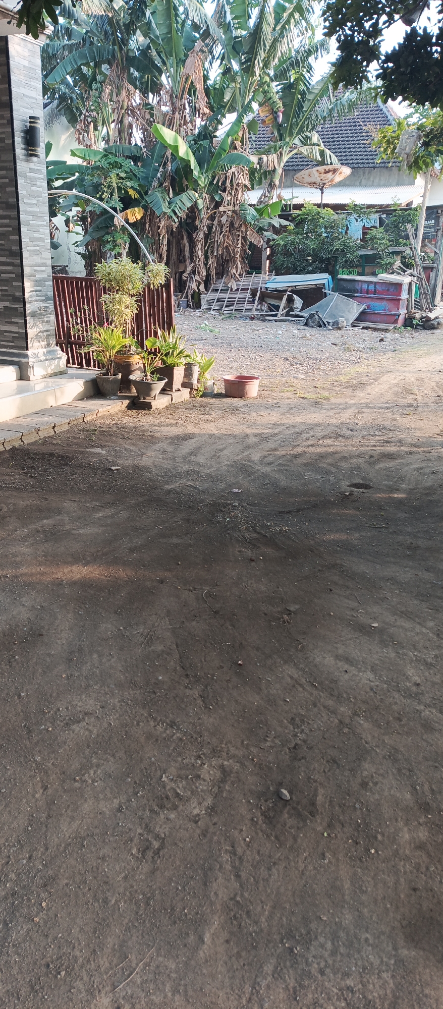 The image depicts an outdoor scene in Jatisari, Indonesia, characterized by a rustic and somewhat unkempt environment. In the foreground, a dirt ground is visible, with subtle tire tracks and scattered stones. To the left, a portion of a building with textured grey stone cladding and an outdoor light fixture is present, along with a concrete pathway and steps. Behind the building, a red metal gate stands, separating the yard from the more cluttered area beyond.
A collection of potted plants, varying in size and species, are arranged near the gate. These include leafy green plants in dark grey and brown pots. A large, reddish-brown plastic tub is situated on the ground near the plants.
The middle ground is filled with a dense cluster of banana trees, their large green leaves creating a canopy. Some of these trees show signs of age, with dried leaves hanging. In the background, several structures are visible, including a house with a tiled roof, a large satellite dish, and a collection of what appear to be discarded materials. These materials include wooden planks, metal frames, and colorful plastic containers, some of which are red and blue. A sign reading "BAKSO" is visible on one of the containers. The overall impression is of a residential area with elements of storage or a workshop. The lighting suggests it is daytime, with the sun casting shadows.