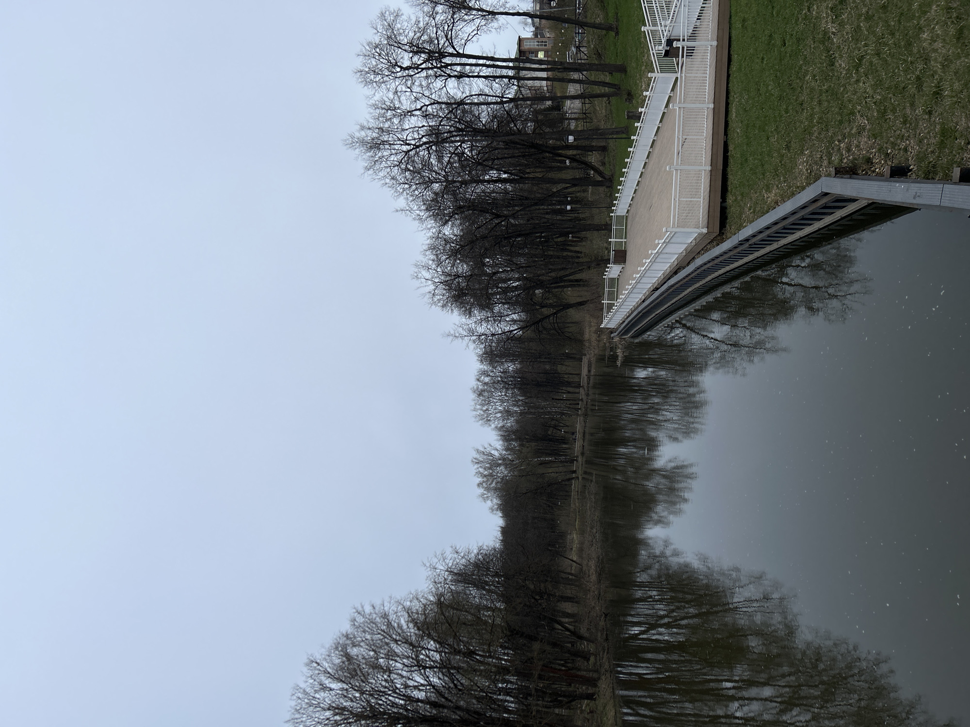 The image depicts a body of water, likely a lake or river, reflecting a treeline under an overcast sky. Along the bank, a white promenade with metal railings extends into the water. Green grass is visible behind the promenade. The scene appears to be in a park-like setting. Without further context or specific landmarks, definitively identifying the location within Klin, Russia, is difficult.
