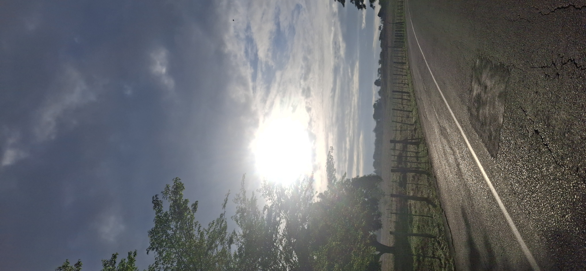 The image depicts a rural scene under a bright, partially cloudy sky. The sun is high in the sky, partially obscured by thin clouds, creating a strong glare. In the foreground, there are trees with green leaves. Adjacent to the trees is a grassy field enclosed by a weathered wooden fence. A paved road runs alongside the fence, with a white dividing line marking the lanes. The road surface appears worn and cracked. The overall scene suggests a sunny day in a countryside setting. No people are visible in the image. The location is assumed to be near Vallecito, Venezuela, due to the prompt's instructions.