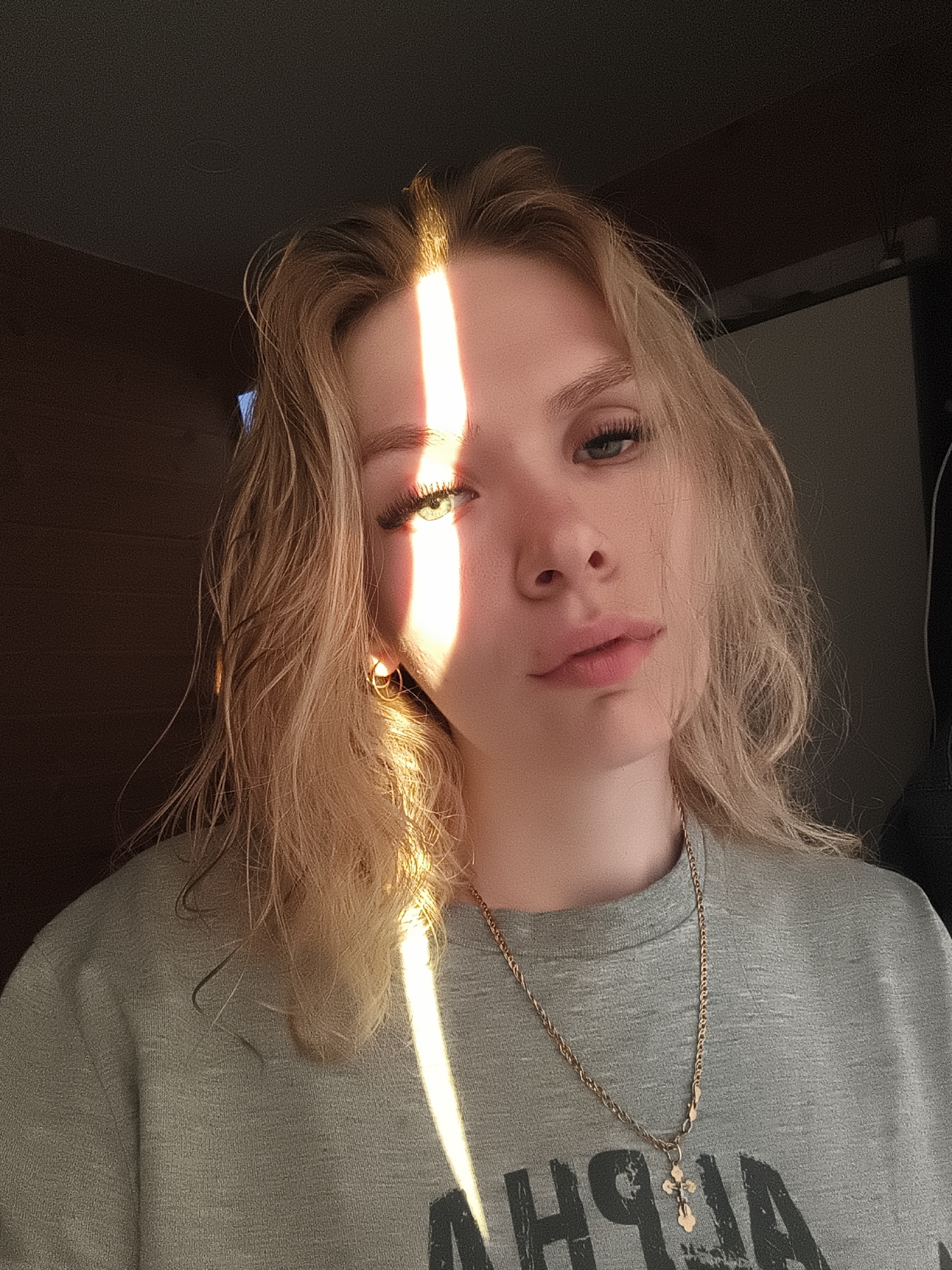 The image portrays a young woman with blonde, wavy hair, captured indoors. A distinct, narrow beam of bright sunlight cuts dramatically across her face, illuminating her right eye and the right side of her hair and complexion, while casting the rest of the scene in shadow. Her eyes are light-colored, and she has prominent eyelashes. She maintains a neutral, direct gaze towards the viewer.
She is wearing a light grey-green short-sleeved t-shirt, with the partial text "ALPHA" visible in dark letters on the chest. Around her neck, she wears a delicate gold chain necklace adorned with a small cross pendant. Small gold hoop earrings are visible in her ears. The overall setting appears to be indoors, likely in a room with a dark background, suggesting a low ambient light environment apart from the striking sunbeam. The strong, focused light indicates it could be morning or late afternoon. The location context provided is Русский Вожой, Russia.