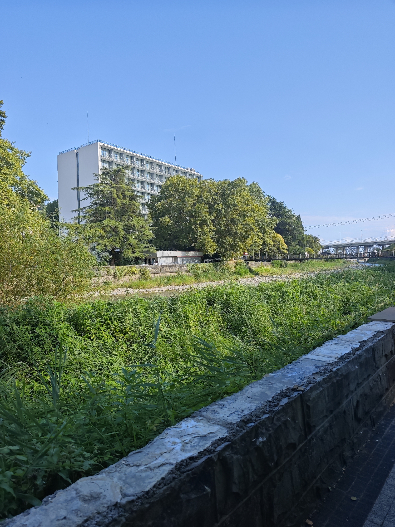The image depicts a scenic view of a riverbed with lush green vegetation in the foreground and midground. A tall, white, multi-story building with balconies is visible on the left, surrounded by mature trees. A pedestrian bridge stretches across the river in the background, with a few people visible on it, suggesting it is a public area. The sky is a clear, bright blue, indicating a sunny day. The time of day appears to be late morning or early afternoon, given the quality of the light and shadows.
The riverbed itself is mostly dry, with patches of water and exposed rocks, suggesting a low water level or a dry season. The vegetation is dense and varied, ranging from tall grasses to leafy trees, creating a natural and somewhat wild feel to the scene. The building in the background, with its modern architecture, contrasts with the natural elements. The presence of the bridge and the building suggests an urban or semi-urban setting, likely a park or recreational area alongside a river within a city.
The overall impression is one of a peaceful, sunlit day in a place where nature and man-made structures coexist. There are no discernible emotions conveyed, as the scene is primarily observational. No text is visible in the image. The location context of Sochi, Russia, suggests a potentially temperate or subtropical climate, which aligns with the lush greenery and clear skies depicted.