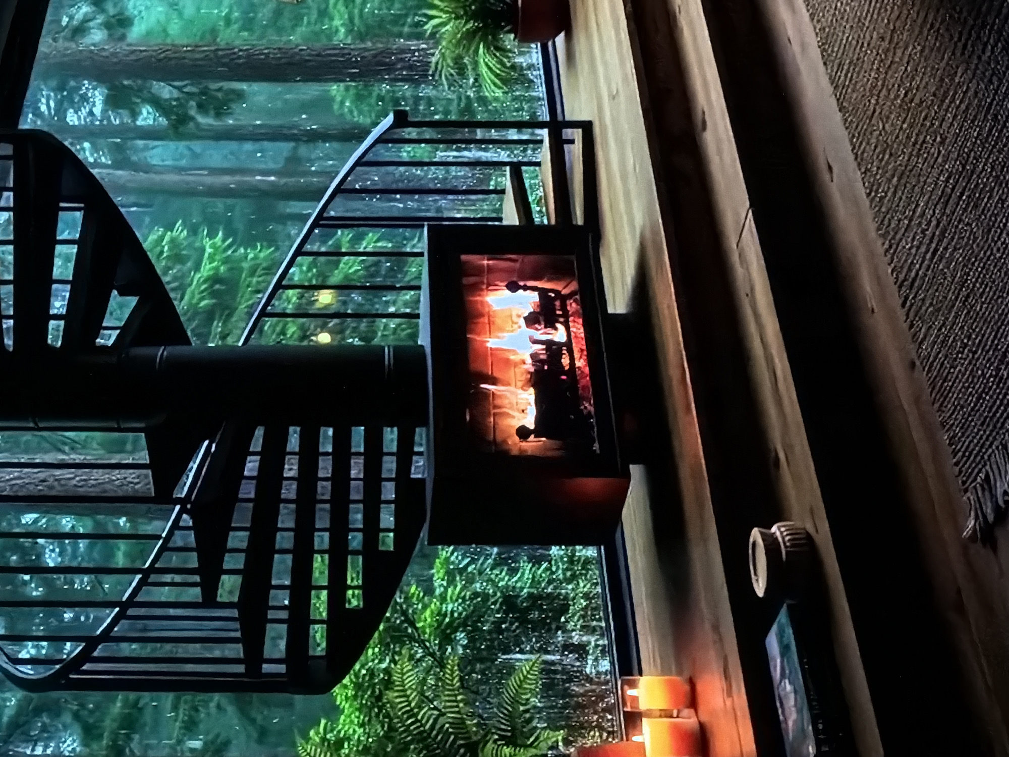 The image captures a cozy and modern interior space, offering a striking view of the outdoors through a large window. A prominent feature is a black metal spiral staircase, its open design allowing views through its steps and railings. Suspended centrally, a contemporary, rectangular fireplace glows with bright orange and yellow flames, providing warmth and ambiance.
Through the window, a lush, verdant forest is visible, dominated by tall trees and dense green foliage, including ferns. Rain or condensation is evident on the window glass, indicating wet weather outside. The interior features a light-toned wooden panel wall to the right, adjacent to which hangs a dark, textured blanket or rug. Below the fireplace, on what appears to be a dark shelf or surface, several lit candles cast a warm, soft glow. A small, cylindrical object with a ribbed edge is mounted on the wooden wall.
The scene suggests an evening or a dark, overcast day, given the reliance on artificial light from the fireplace and candles, and the deep green, somewhat muted tones of the outside world. The overall impression is one of peaceful retreat and comfort, connecting a sleek modern interior with natural surroundings. This inviting setting is located in Sofiivska Borshchahivka, Ukraine. No visible text is present in the image.