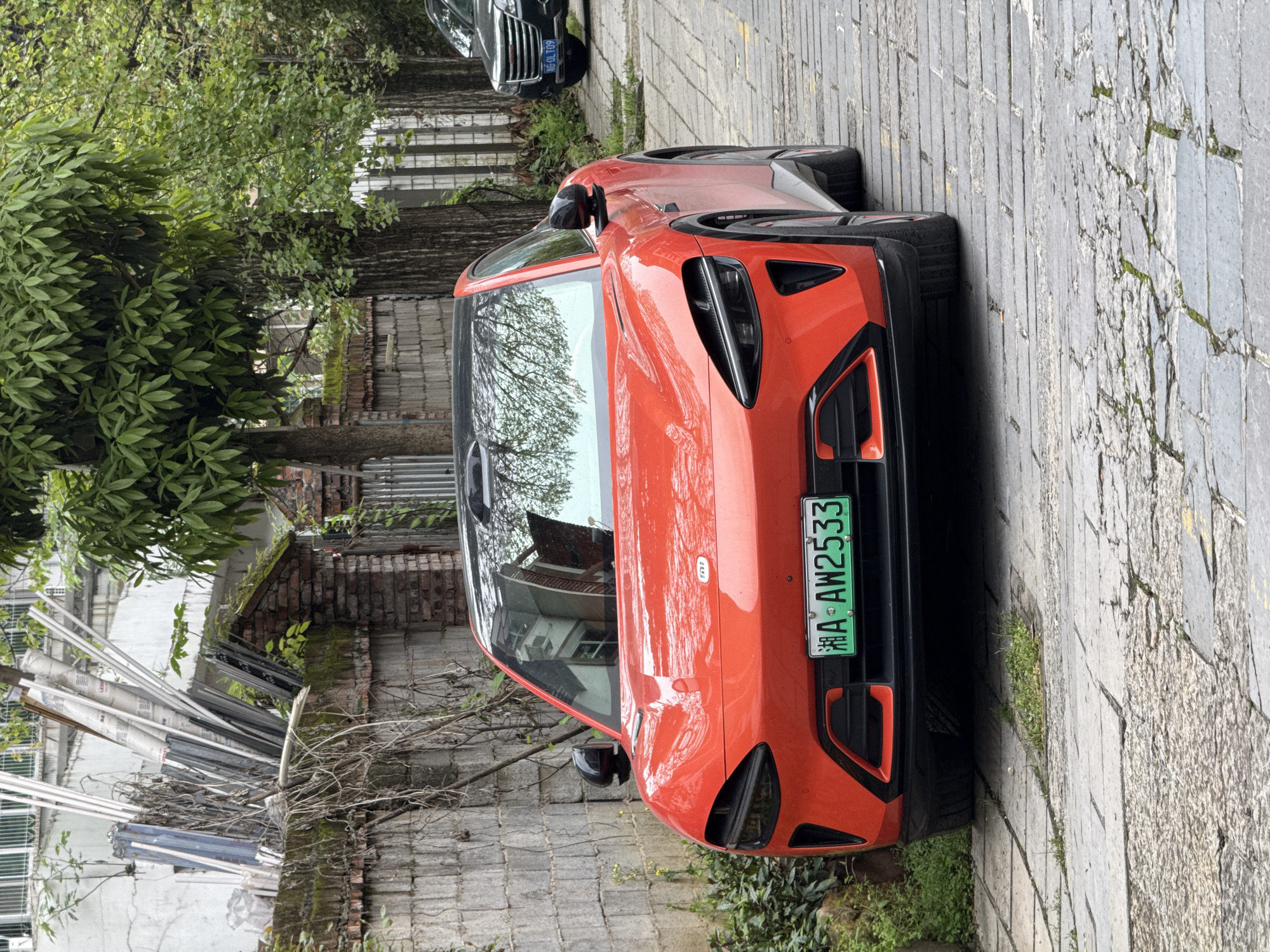 An orange sporty car is parked on a paved street in what appears to be an urban or semi-urban setting in Wulingyuan, China. The car, prominently featured in the foreground, has black accents around its grille and headlights. Its front license plate is green with white characters, reading "湘A·AW2533," which indicates its registration in Changsha, Hunan province. A small, round badge is visible on the hood, though not clearly identifiable.
To the left and above the orange car, dense green foliage from trees and other plants fills the background. The paved surface beneath the car is made of irregular grey stone blocks, showing cracks and some mossy growth. Another dark-colored car is partially visible further down the street behind the orange car. Behind the greenery and cars, old brick and concrete structures are visible, some appearing weathered or with stacked materials like metal sheets and wooden debris. The lighting suggests it is daytime, likely overcast or cloudy, as shadows are soft and diffused. No people are visible in the image.