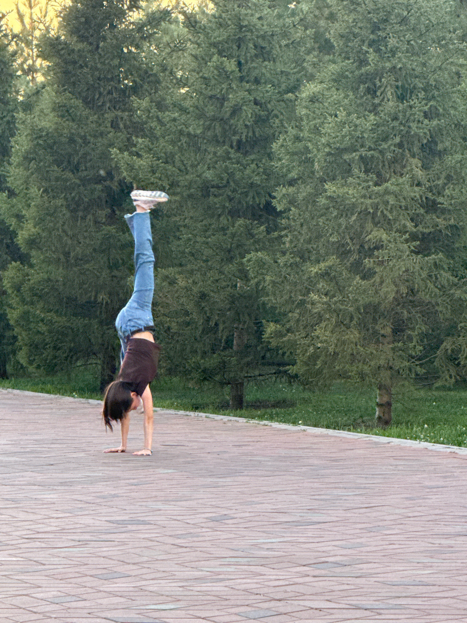 An individual is performing a handstand on a paved pathway, with their body vertical and legs extended upwards. The individual is wearing blue jeans and a dark-colored shirt. They are positioned in the middle-left of the frame, with their hands on the ground for support. The pathway is made of light-colored rectangular paving stones arranged in a pattern. In the background, a dense line of green coniferous trees forms a backdrop. The ground beyond the pathway is covered in green grass, with a few small white flowers visible. The sky above the trees appears to be a bright yellow, suggesting it might be dawn or dusk. The image is taken outdoors in what appears to be a park or recreational area, likely in Astana, Kazakhstan, given the common presence of such evergreen trees in the city's landscaping.