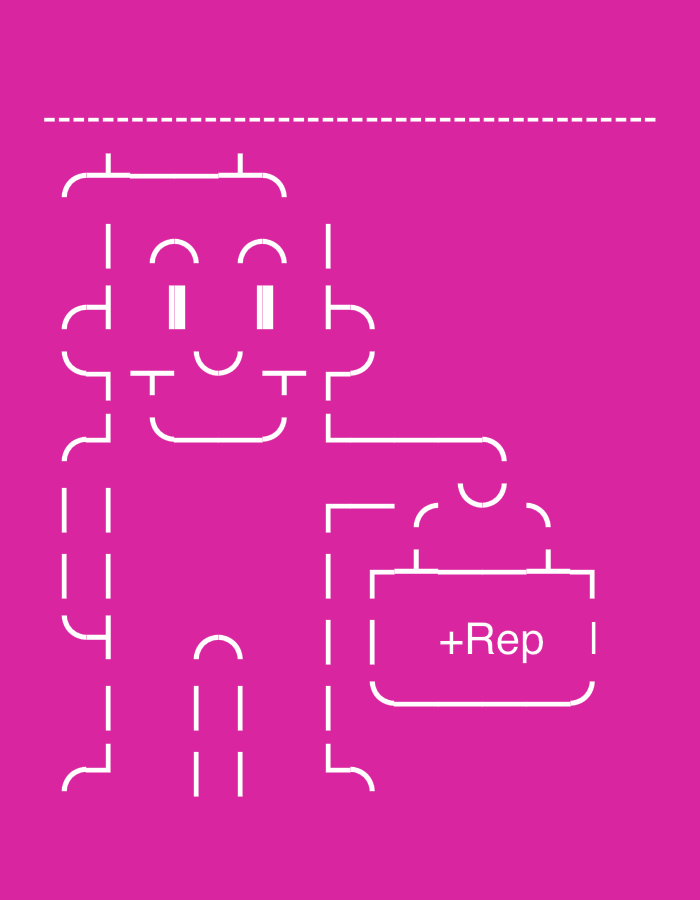 The image is a stylized, white line drawing on a pink background. The drawing depicts a simplified, cartoon-like figure resembling a person carrying a bag. The figure has a square head with two circular eyes and a smiling mouth. The body is composed of vertical and horizontal lines, suggesting arms and legs. The figure is holding a rectangular bag in its right hand. Inside the bag, the text "+Rep" is written. The drawing appears to be an abstract representation or an illustration, possibly for a logo or a graphic design element. There is a dotted line across the top of the image. The location in Yerevan, Armenia, is not depicted in the image.