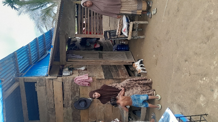A modest dwelling constructed of wood and corrugated metal stands adjacent to a dirt ground area. A woman in a brown hijab sits outside with a child wearing blue shorts. A tricolor cat is to the right of them. An elderly woman stands above the building in a brown robe. A few items, including bags and fabric, are located around the wooden structure.