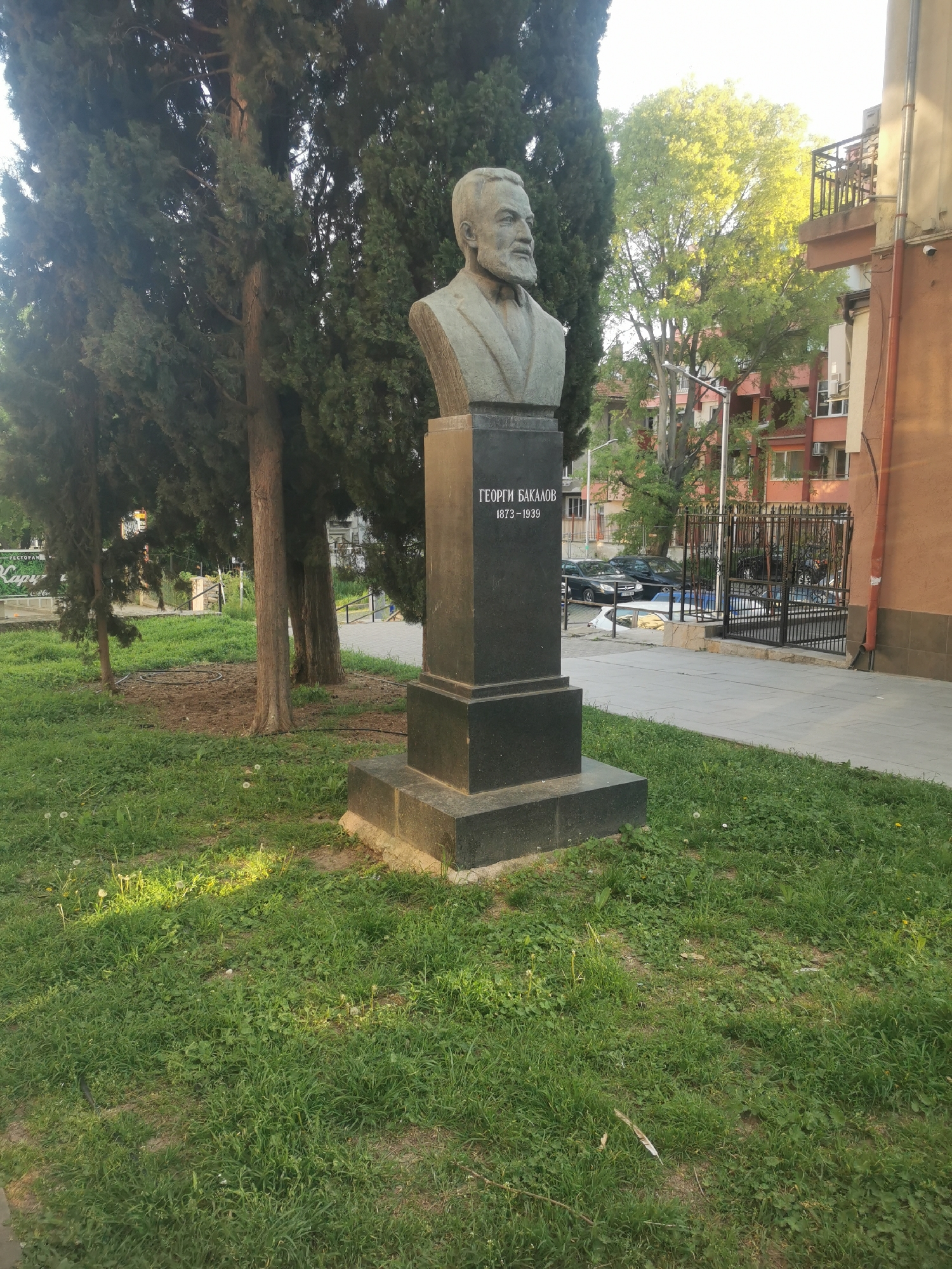 This image features a stone bust of a man, identified by the Cyrillic inscription on its pedestal as "ГЕОРГИ БАКАЛОВ" (GEORGI BAKALOV) with the birth and death years "1873-1939." The bust depicts a bearded man in formal attire, looking slightly to the right. It is mounted on a tall, dark, rectangular stone pedestal.
The monument is situated in a grassy area interspersed with dandelions and some patches of bare soil. Behind the bust and to its left, several tall, dark green coniferous trees create a dense backdrop. To the right, another deciduous tree with bright, light green foliage stands out against the sky. In the background, urban elements include multi-story buildings; one on the far right has an orange-brown facade with balconies and air conditioning units. A paved sidewalk or plaza runs parallel to the monument, leading to a street where several cars are parked behind a black metal fence or gate. A partially visible sign on the far left includes the Cyrillic word "РЕСТОРАН" (RESTORAN), indicating a restaurant.
The scene is lit by natural sunlight, suggesting either morning or late afternoon, with bright highlights on the foliage and a general clear atmosphere. The setting appears to be a public park or square within an urban area, located in Stara Zagora, Bulgaria, marking a place of remembrance for the historical figure.