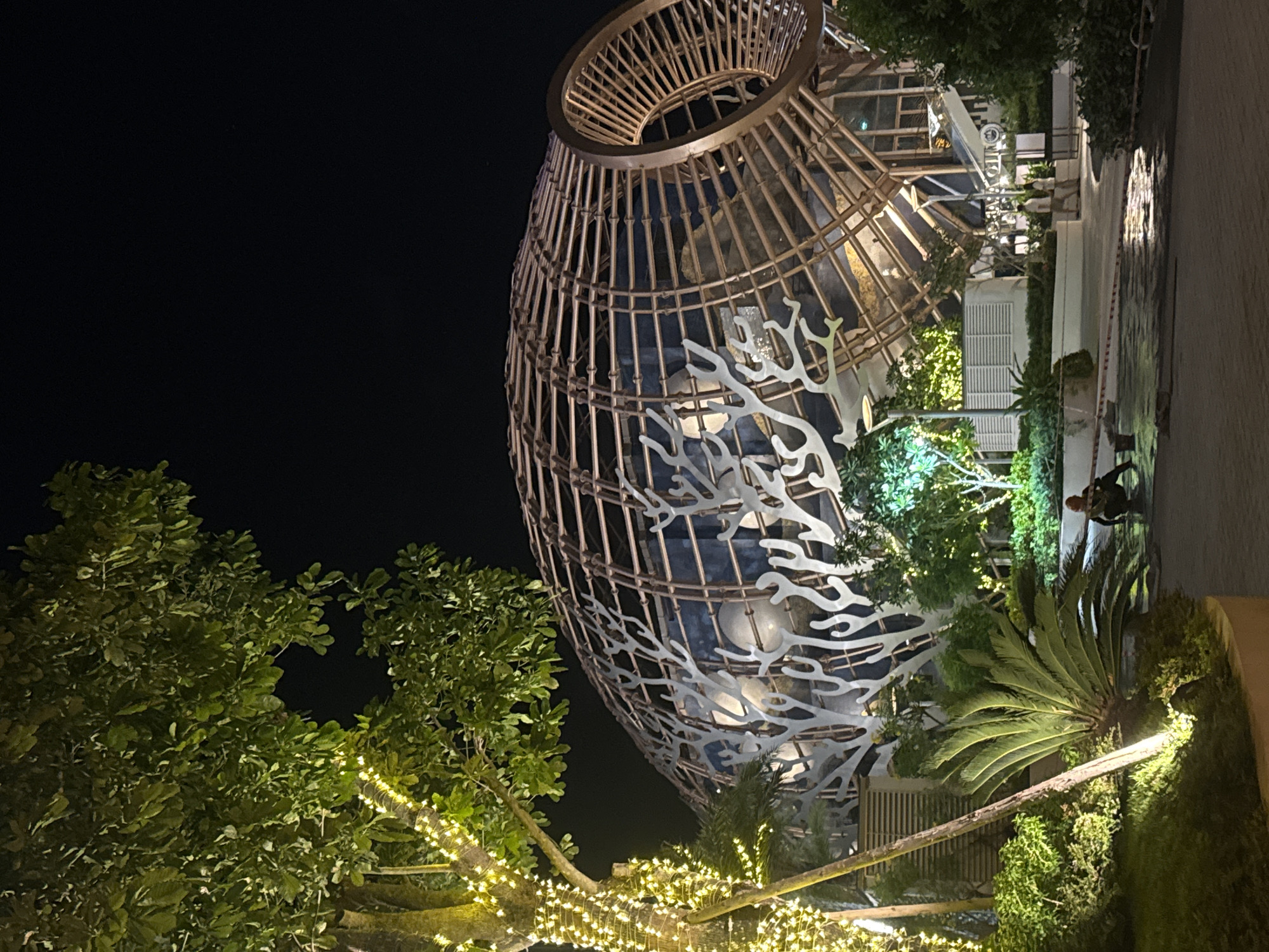 The image depicts an outdoor scene at night, likely in a commercial or public space in Bac Nha Trang Ward, Vietnam. A distinctive building with a large, rounded, cage-like structure dominates the background. The structure appears to be made of metal or wood and is decorated with white, branching, coral-like patterns. The building's interior is visible through the cage, showing lights and some spherical elements.
In the foreground, to the left, is a large tree wrapped with numerous small, yellow, twinkling lights, illuminating its branches and trunk. To the right of the tree, a palm-like plant with large, fan-shaped leaves is lit from below.
The ground in the immediate foreground appears wet and reflective, with caution tape strung across a section of it, suggesting recent maintenance or a hazard. A person is visible in the middle ground, kneeling or squatting near the wet area, possibly working or attending to something. Further back, a pathway leads towards the building, with a few other people walking. The overall ambiance is illuminated by artificial lights, creating a festive or welcoming atmosphere. The sky is dark, indicating it is nighttime.
