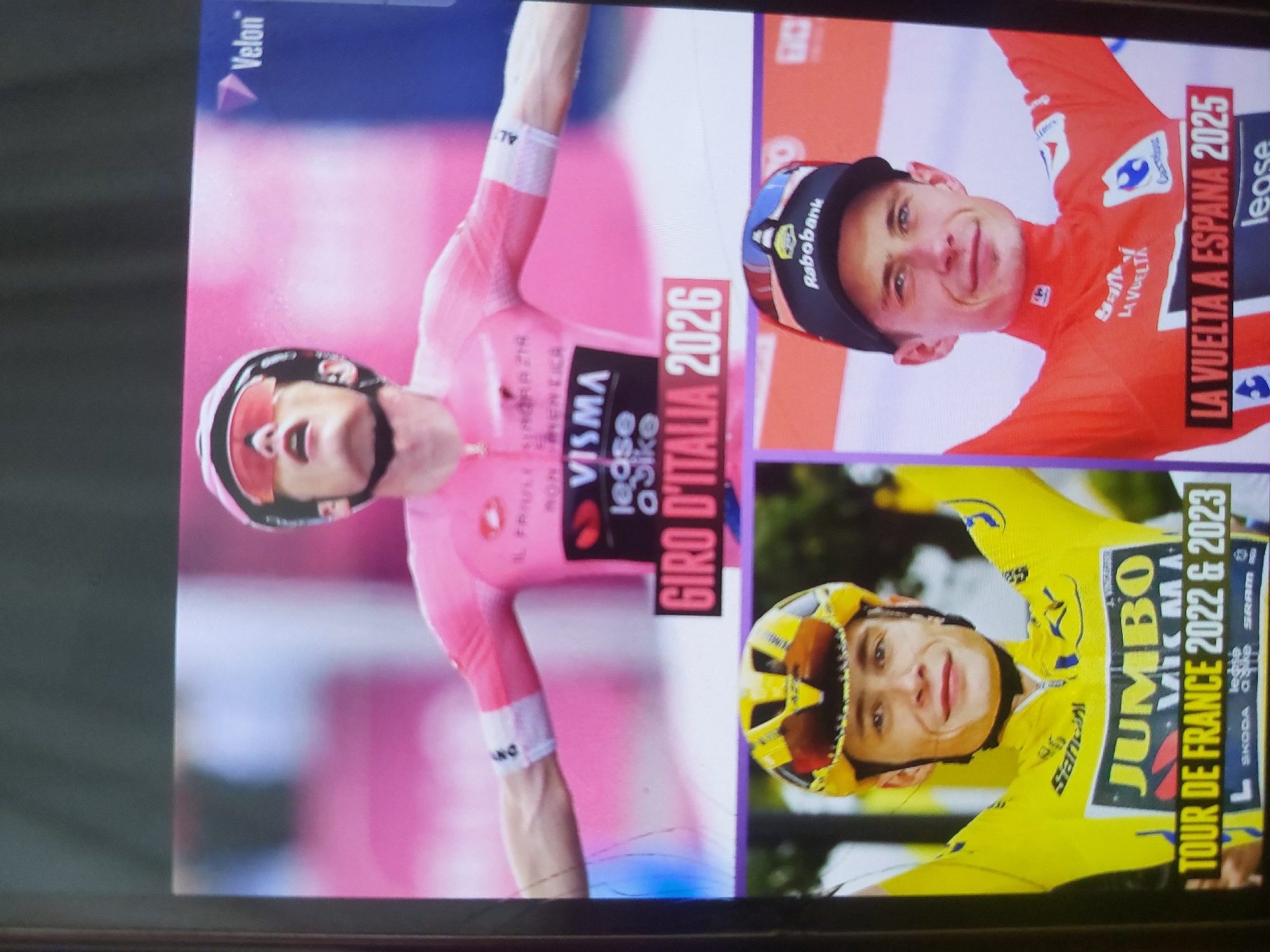 The image shows a screen displaying three different cycling-related images. The image on the left shows a cyclist wearing a pink jersey with "VISMA | lease a bike" and "GIRO D'ITALIA 2026" visible on the jersey. The top right image shows a cyclist in a red jersey with "LA VUELTA A ESPANA 2025" visible. The bottom right image shows a cyclist in a yellow jersey with "JUMBO" and "TOUR DE FRANCE 2022 & 2023" visible. There is no indication in the image about the city of Tsarevo, Bulgaria.