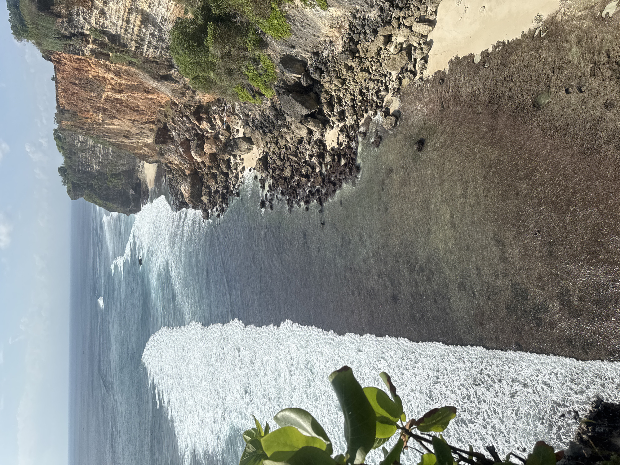 The image captures a dramatic coastal landscape in Kuta Selatan, Indonesia, likely from a high vantage point. A towering, multi-layered cliff face dominates the right side of the frame. The cliff exhibits distinct geological strata, with upper sections showing reddish-brown hues and layered rock formations, while the lower parts are covered in rubble and vegetation. Lush green foliage clings to the cliff face and the top, with trees visible on the summit.
Below the cliff, a narrow strip of sandy beach is visible, interspersed with large rocks and boulders that extend into the water. The ocean stretches out to the left, exhibiting various shades of blue and turquoise. White-capped waves are breaking along the coastline, creating a foamy surf line that extends into the deeper water. The sea appears relatively calm beyond the breaking waves. In the distance, the horizon is clearly defined by the meeting of the ocean and a hazy sky. A few small dark objects, possibly surfers or boats, are discernible on the water. In the foreground, on the left side of the image, a branch with several large, green leaves extends into the frame, partially obscuring the view of the sea and waves. The overall scene conveys a sense of natural grandeur and the raw beauty of a tropical coastline.