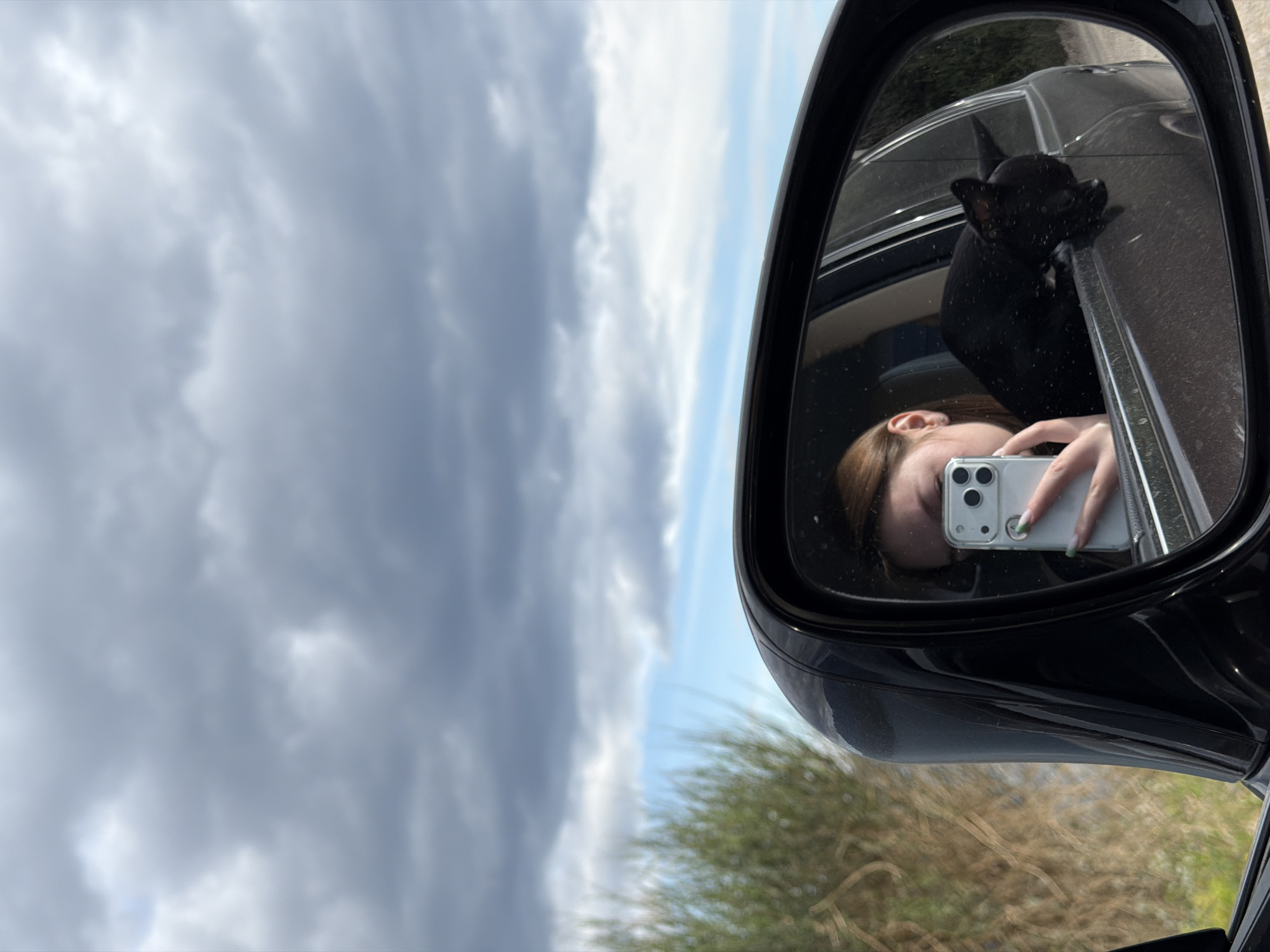 A reflective image of a person and a small black dog is captured in a car's side mirror against a cloudy sky. The person's reflection is holding a white cell phone, presumably to take the picture. The black dog appears to be peeking out of the car window. The location is Radovići, Montenegro, based on possible geographic features of the environment visible outside of the frame of the car window in the mirror and location of Radovići.