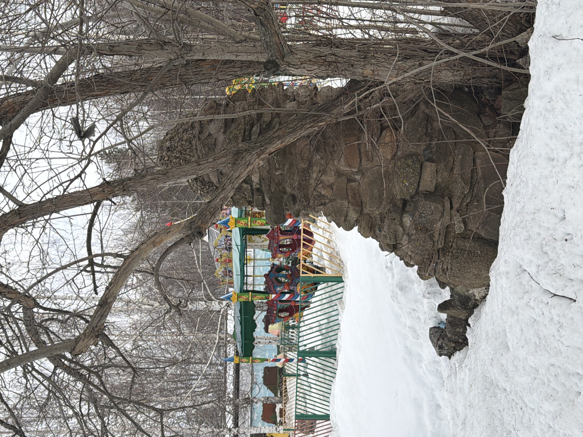 The image captures a winter scene, likely in a park or recreational area in Chaikovsky, Russia. A bare tree dominates the foreground, its branches intertwining across the frame. In the middle ground, a snow-covered embankment or hillside rises, with a stone structure, potentially part of a bridge or retaining wall, situated on top. Beyond the embankment, a colorful carousel is visible, indicating the presence of an amusement area. Snow is prevalent, blanketing the ground and accumulating on the embankment, suggesting a cold, winter environment. A bird can be seen perched on a branch in the tree.