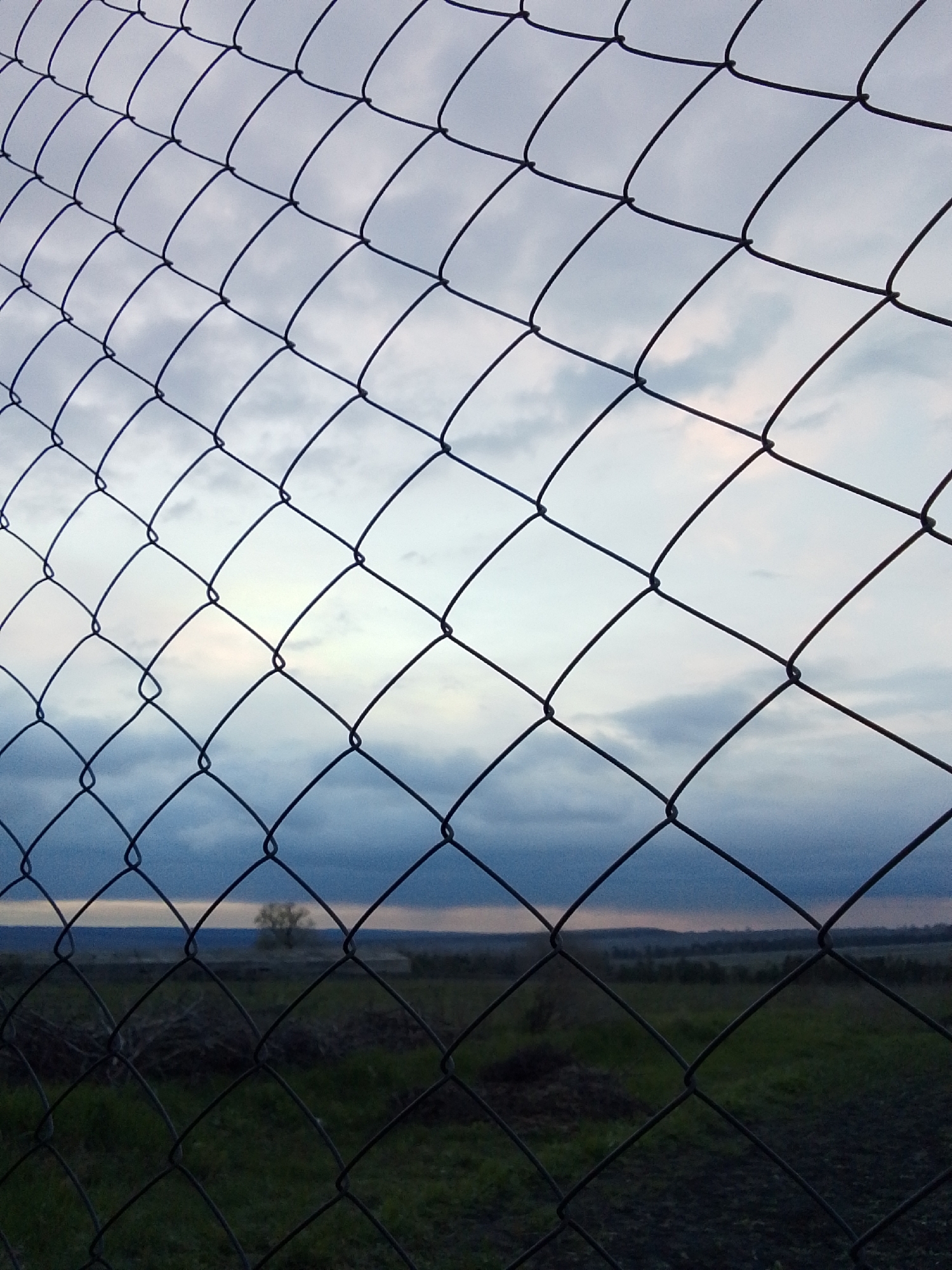 The image shows a chain-link fence in the foreground, with a landscape visible through the fence. Beyond the fence is a field with some sparse vegetation. In the distance, there is a tree and a low-lying area. The sky is overcast with white and gray clouds. The image was likely taken in or near Khlevnoye, Russia.