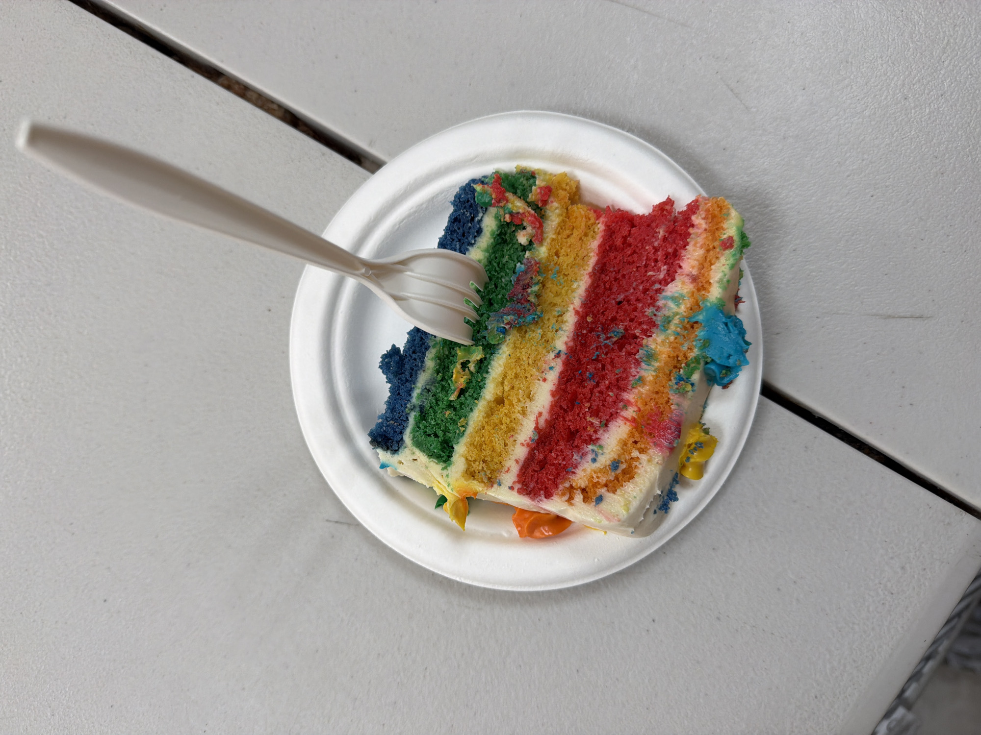 An overhead shot depicts a slice of rainbow-layered cake served on a white disposable plate. The cake layers, from top to bottom, consist of dark blue, green, yellow, and red, separated by white frosting. Visible crumbs and colorful sprinkles are scattered across the top blue layer and around the base of the cake on the plate. A white disposable plastic fork is inserted into the upper portion of the cake, piercing the blue and green layers. The plate rests on a light grey, textured surface, likely a table. A dark, linear seam or gap is visible diagonally across the table surface, extending from the upper right toward the lower left, passing behind the plate. The image does not provide information to determine the specific location within Puebla, Mexico.