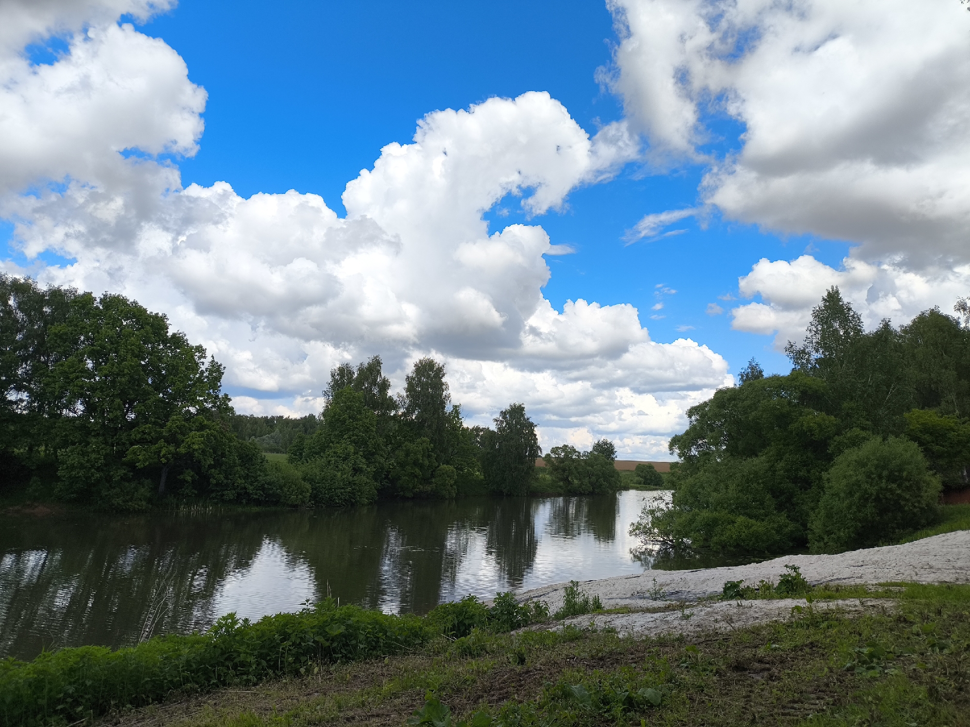 The image depicts a landscape scene in Mar'inskoe, Russia, featuring a body of water, possibly a pond or lake, surrounded by trees and vegetation. The sky is blue with numerous white, puffy clouds. The water reflects the sky and trees. The foreground is mostly green with grass and some bare earth. There are no visible people or animals in the image.