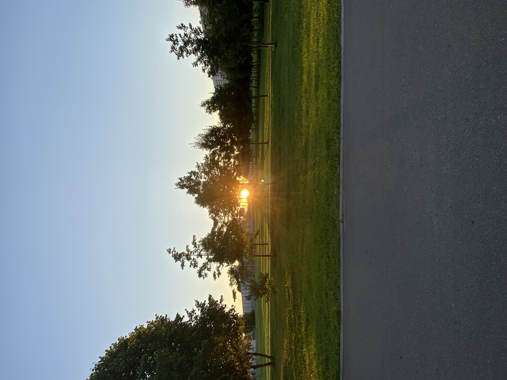 In the city of Unknown, Unknown, a paved pathway runs along the bottom of the frame, bordered by a well-maintained lawn. A row of trees is situated on the lawn, with the setting sun peeking through the branches of the trees in the center of the image, casting long shadows. The sky is clear and blue, with a hint of orange near the horizon where the sun is setting. In the background, a few buildings can be seen. The scene is peaceful and serene, evoking a sense of calm.