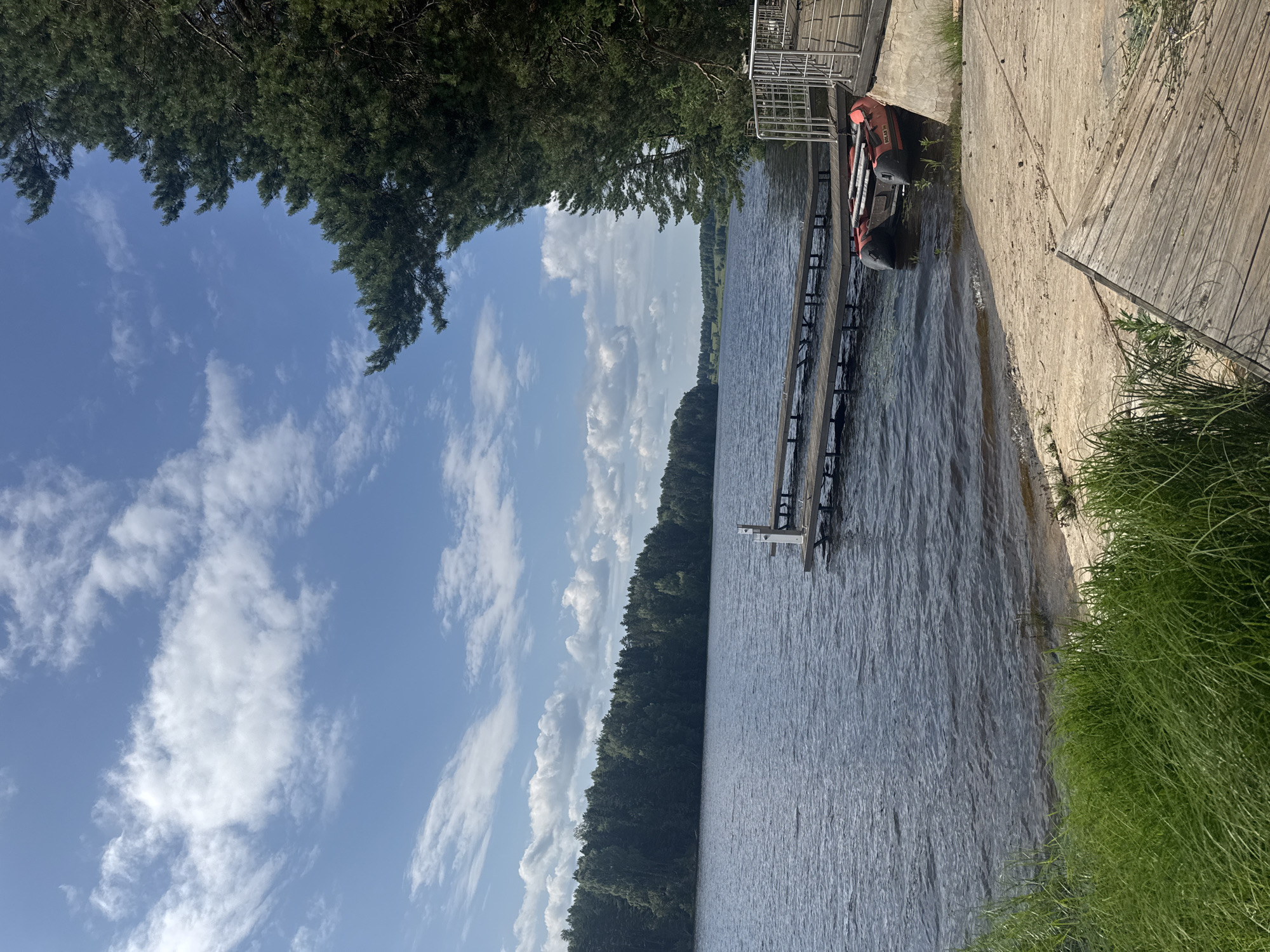 A wide shot captures a serene lake scene in Pozdyshki, Russia, under a bright, partly cloudy sky. The water is a deep blue, with gentle ripples indicating a light breeze. On the right side of the frame, a wooden dock extends into the lake, with a red inflatable boat moored alongside it. The dock is flanked by a metal railing and a concrete embankment. Dense green forest lines the opposite shore, creating a picturesque backdrop. In the foreground, tall green grass grows along the sandy shoreline. The overall atmosphere is peaceful and tranquil, typical of a summer day at a lake.