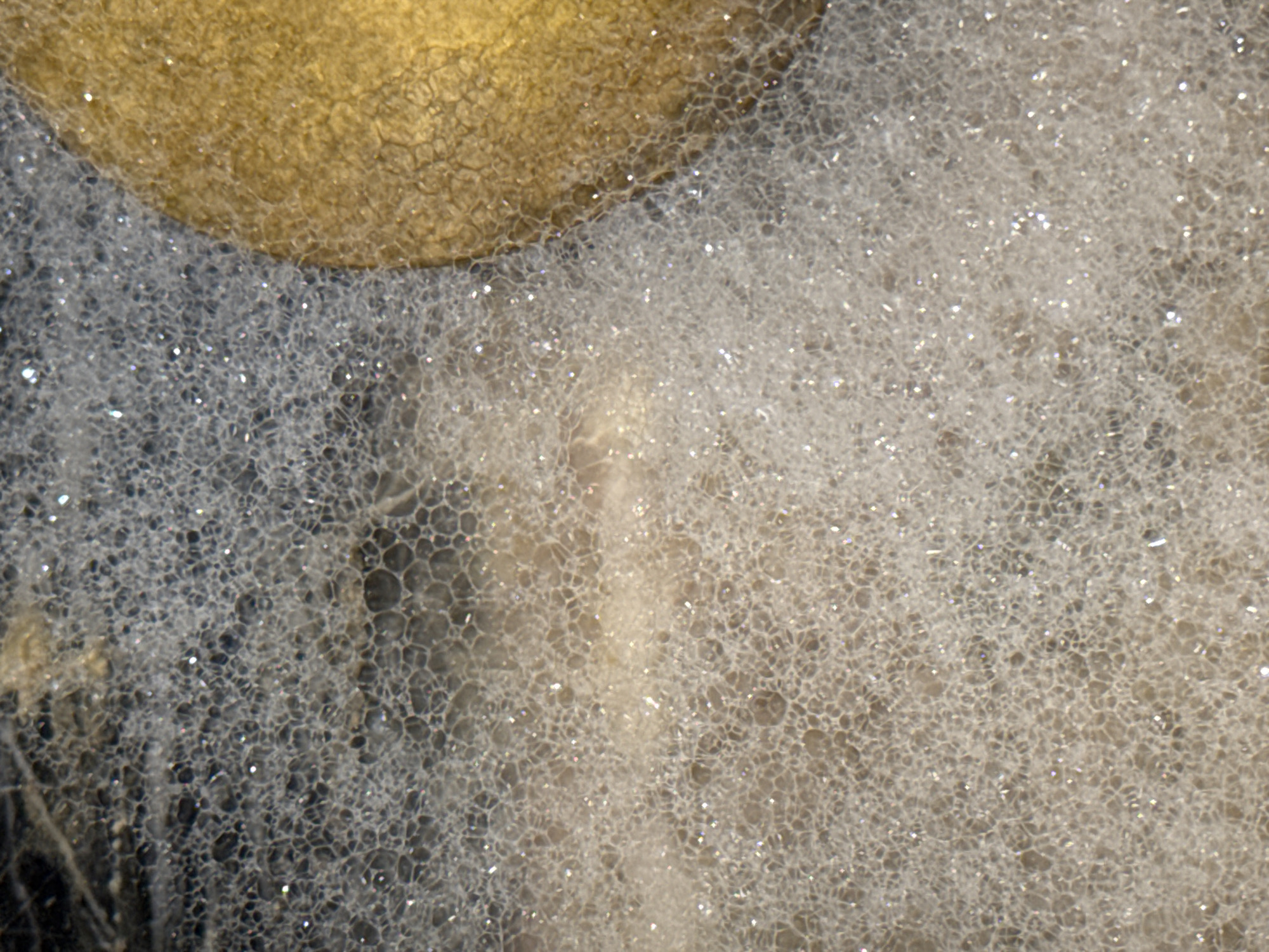 The image shows a close-up, overhead view of a surface covered in foam and bubbles, with a rounded, yellowish object partially visible on the right side. The foam has a honeycomb-like structure with many small, irregular polygons. Some of the bubbles catch the light, creating small, bright glints. The background appears to be dark and textured, possibly dirt or organic matter. There is no indication of a specific location within Moscow, Russia. The scene is static and devoid of any human presence or activity.