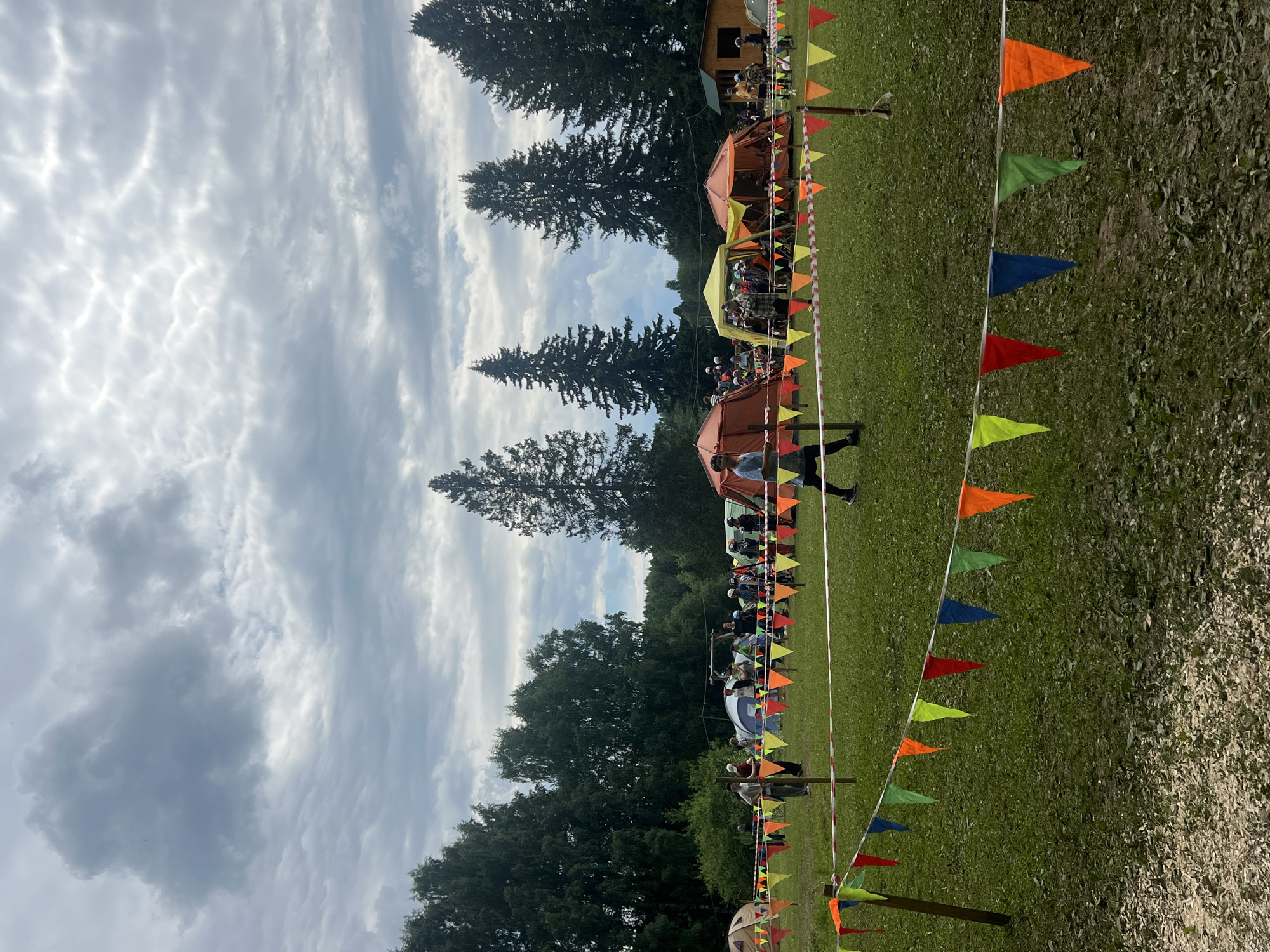 The image depicts an outdoor event likely taking place in a park or field. The scene is filled with numerous colorful triangular flags strung along a white line, marking off an area. In the background, several tents are set up, some with people gathered inside or around them. Tall green trees are visible, framing the event and suggesting a natural or rural setting. The sky is cloudy, with patches of bright light, indicating a partly sunny day. People are seen interacting within the fenced-off area, some appearing to be participating in an activity, perhaps a competition or a gathering. The overall atmosphere seems lively and festive, with the vibrant flags adding to the celebratory mood. The time of day appears to be daytime, given the lighting. There is no visible text in the image.