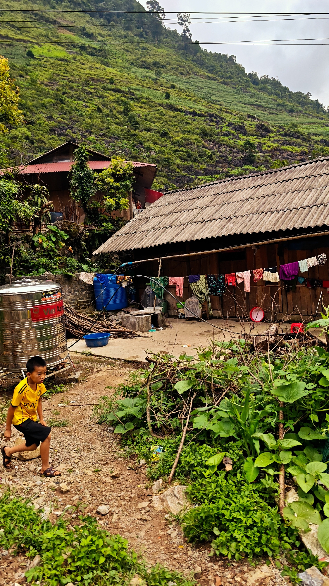 A young boy in a yellow shirt and black shorts walks on a rocky, dirt path in the Cán Tỷ Commune, Vietnam. He is wearing brown sandals. To the right of the path, lush green vegetation grows. In the background, a house with a corrugated tile roof and clothes hanging on a line in front is visible. Next to the house is a stainless steel water tank, a blue plastic water tank, and a stack of firewood. Another house is visible further up the hillside. The background is a steep, green, tree-covered mountain. The sky is overcast.