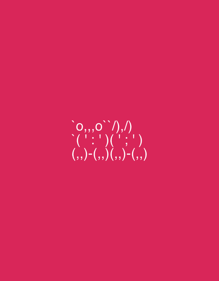 The image contains white ASCII art on a pink background. The ASCII art depicts three lines of characters arranged in a cluster. The first line reads: `,o,,,o``/,)`. The second line reads: `(:';')(:';')`. The third line reads: `(,,)-(,,)(,,)-(,,)`. There are no people, objects, or specific environmental features depicted. The location in Yerevan, Armenia, is not discernible from the provided image.
