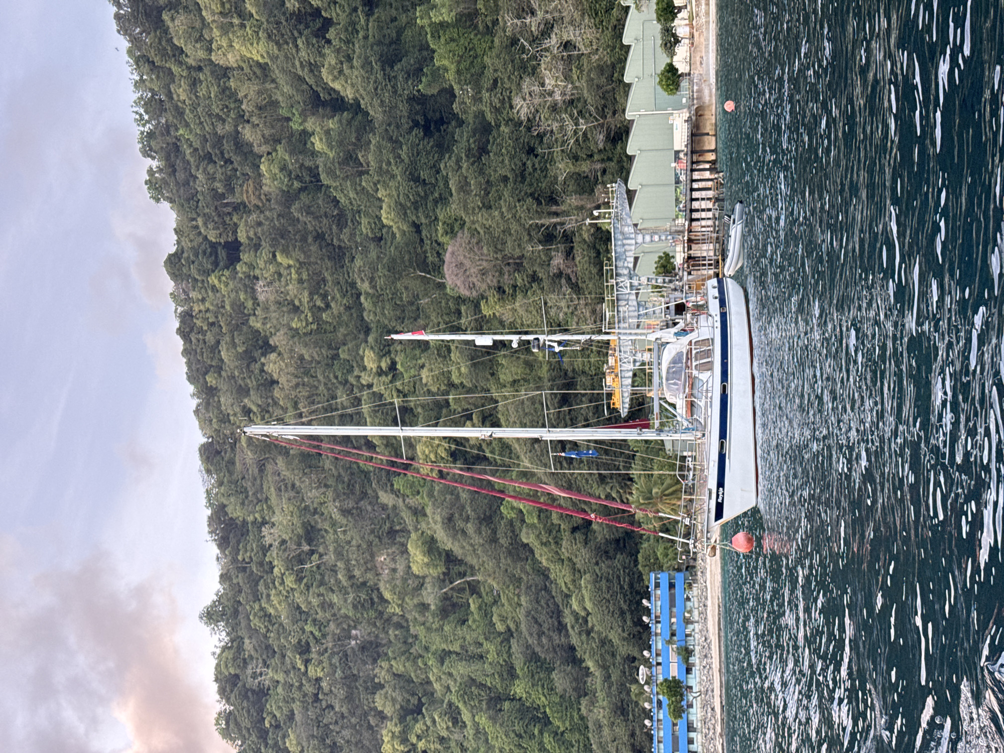 A sailboat is anchored in the water, its hull white with a blue stripe. The sailboat has a tall mast with rigging and flags. In the background, a lush green hillside covered in trees rises steeply. Along the shoreline, there is a blue building with multiple windows and satellite dishes, as well as a dock with industrial-looking structures. The water is dark blue with whitecaps and foam. The sky above is a soft pink and blue, suggesting either sunrise or sunset. The scene appears to be located on Christmas Island, Australia, a territory known for its tropical rainforests and coastal areas.
