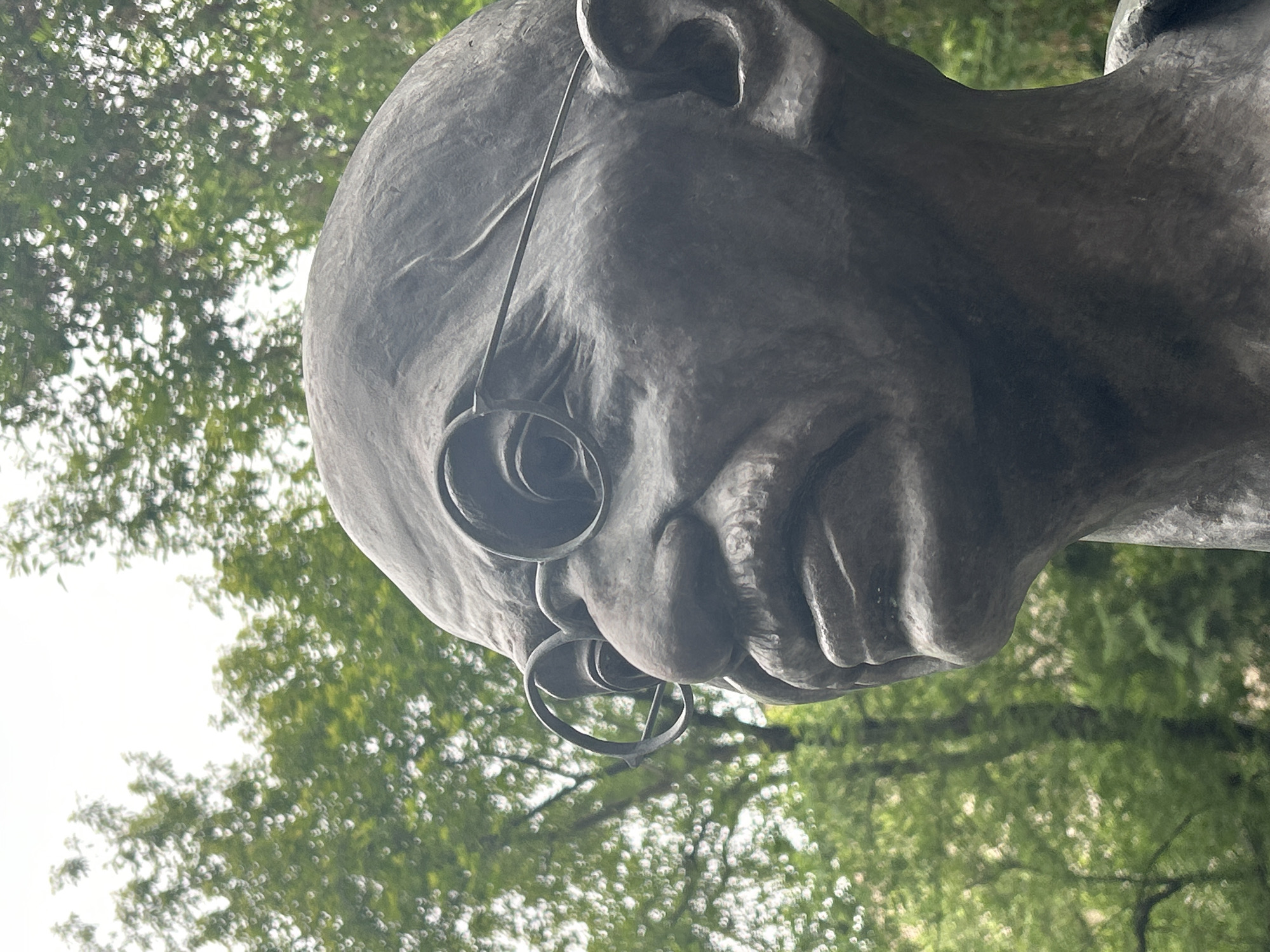 This image shows a close-up, angled view of a statue of Mahatma Gandhi, identifiable by his bald head and round spectacles. The statue appears to be made of a dark, possibly metallic material, and the detailing on the face is visible. The background is blurred, but shows green trees. The image appears to be taken outdoors. There is no discernible information as to the location, city, or environment in the image.