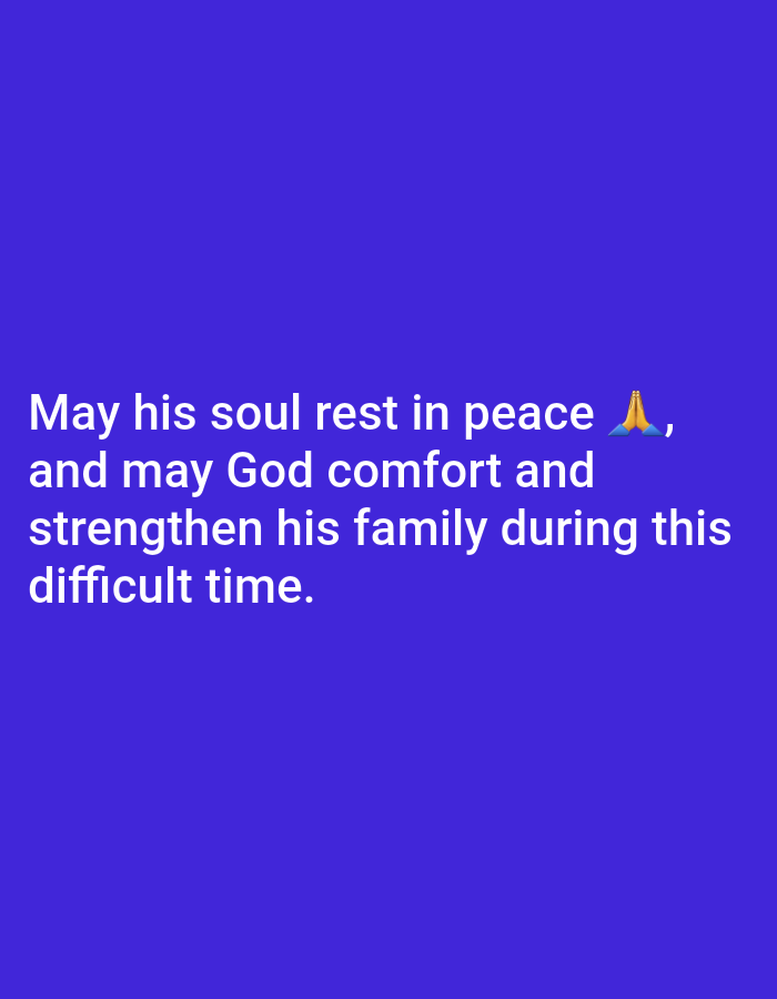 The image displays a digital message of condolence set against a solid, dark blue background. The text is rendered in white, sans-serif font, occupying the central lower portion of the frame. The message reads: "May his soul rest in peace 🙏, and may God comfort and strengthen his family during this difficult time." A praying hands emoji (🙏) is included after "peace," adding a visual element of prayer and reverence. The overall tone is one of sympathy, support, and spiritual comfort in the wake of a loss. There are no other subjects, objects, or scene elements present, making it a text-centric graphic. The image itself does not depict any specific location, but is associated with Narayi, Nigeria, as a message likely shared within that context.