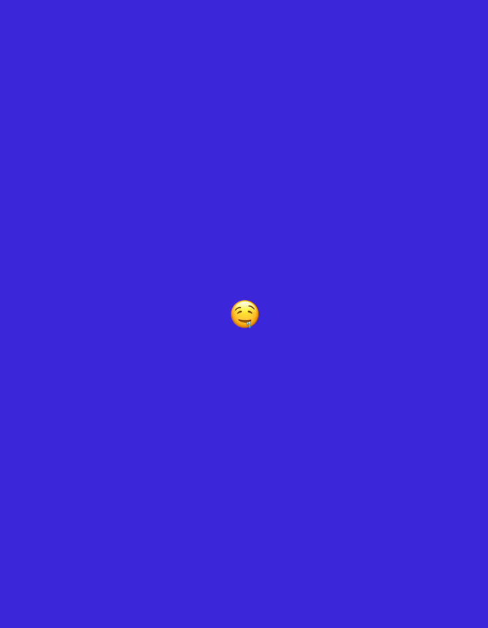 The image displays a single yellow emoji centered against a solid royal blue background (hex #413BDC). The emoji exhibits slightly closed eyes, an upturned mouth suggesting a subtle smile, and a light blue, teardrop-shaped graphic extending from its lower lip, signifying drool. There are no other subjects, objects, or discernible environmental features present in the frame. This digital representation is provided within the context of the city of Santa Ana, Venezuela.