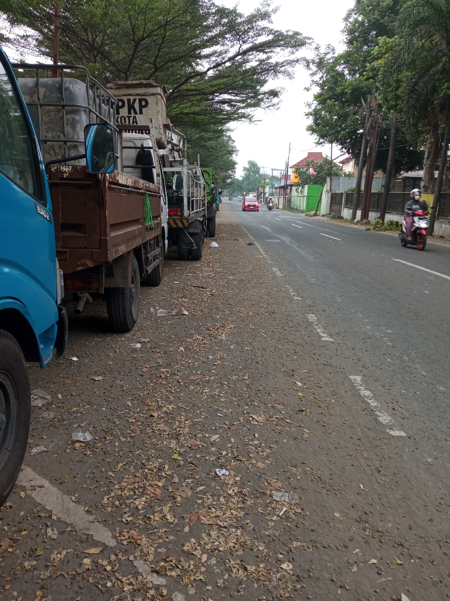 A line of parked trucks is visible along the side of a paved road. The truck closest to the camera is blue and appears to be a cargo truck. Behind it are several other trucks, some of which are carrying large tanks. The road is lined with trees and some buildings can be seen in the background. A red car is driving on the road, as well as a person riding a red scooter. The ground beside the road is covered in dry leaves and some litter. The sky is overcast.