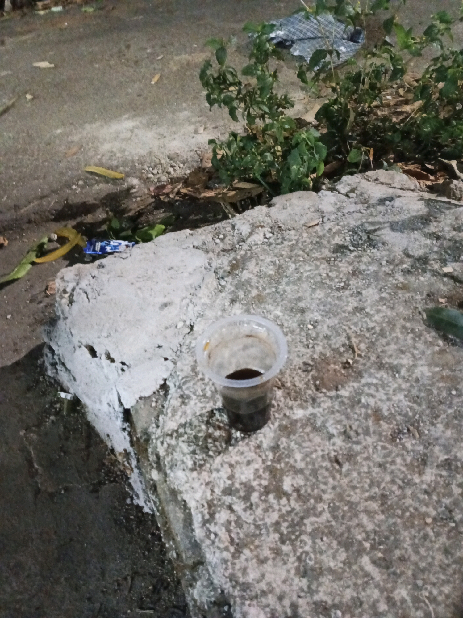 A clear plastic cup containing a dark liquid is placed on a rough, light-colored concrete surface. The concrete is uneven with visible texture and some debris. Behind the concrete, a patch of green foliage is visible, and further back, a piece of patterned cloth lies on the ground. The surrounding area appears to be a street or roadside with asphalt visible and scattered debris, including leaves and a small toy. The scene suggests an outdoor, possibly urban, environment, and based on the context provided by the user, the location is South Tangerang, Indonesia. The lighting suggests it might be evening or night.