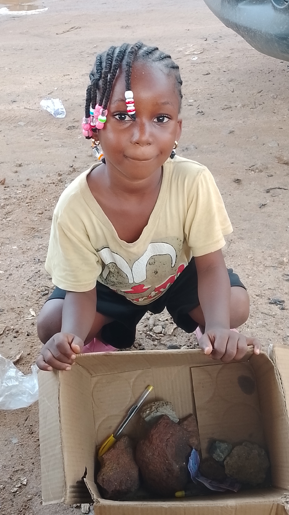 A young African girl with braided hair adorned with colorful beads and earrings crouches in front of a cardboard box on the dirt ground in Adankolo, Nigeria. She is wearing a light yellow t-shirt with a graphic design and black shorts. Her hands are resting on the edge of the box, which contains several rocks and a yellow and silver pen. The ground around her is dusty and scattered with small stones and debris. In the background, there is a puddle of water and a discarded plastic bag. The overall scene appears to be outdoors in a casual, possibly residential or informal market area.