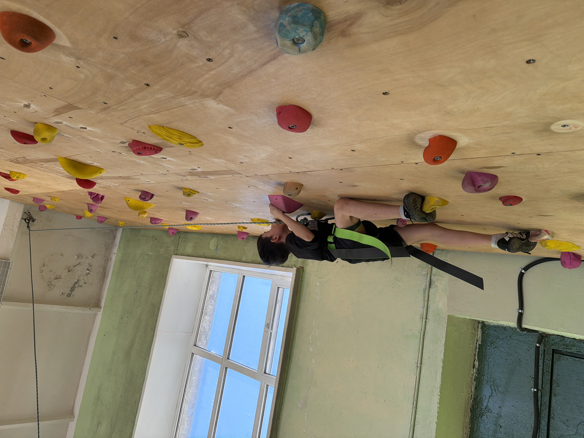 A child is rock climbing on an indoor climbing wall. The climbing wall is made of wood and has various colored holds attached to it. The child is wearing a climbing harness and is holding onto a pink hold. The wall has various colors including, yellow, pink, and red. The wall is located inside of a building in Izhevsk, Russia. Outside there is a window and a view of blue sky.