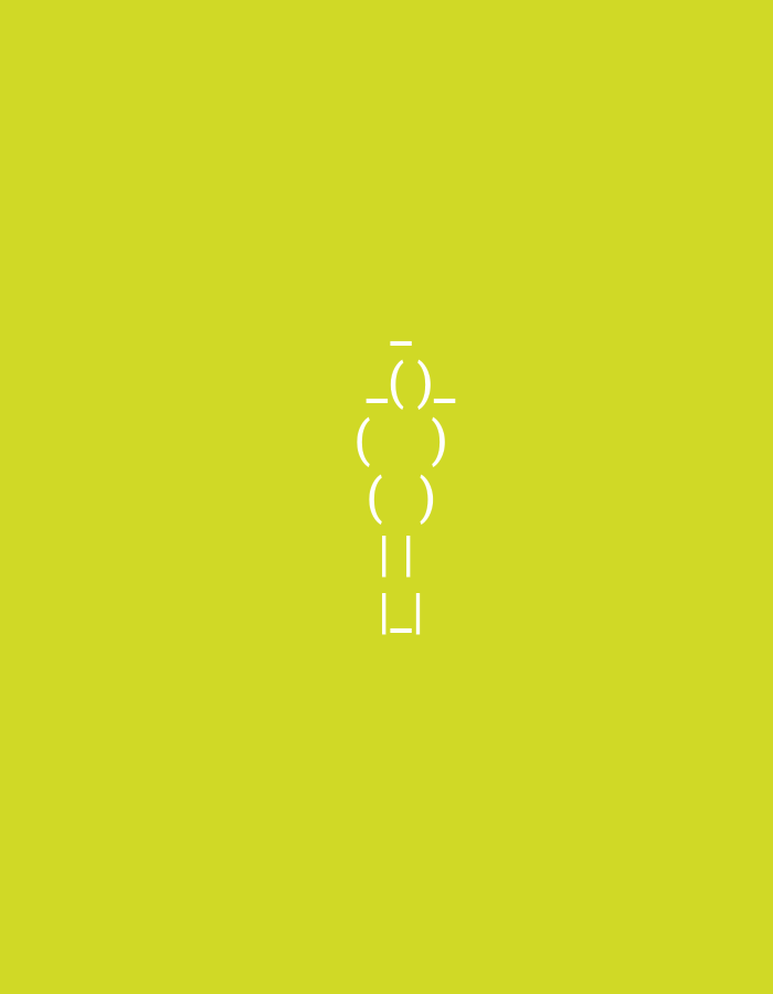 The image displays a light green background with a simple ASCII art figure centered on it. The figure is composed of white characters and resembles a stick figure with a rounded head, arms, and a body. The head is formed by a hyphen above and below a parenthesis, with an underscore inside. The body consists of two parentheses stacked vertically, with an "equals" sign to the left and right, and a square bracket forming the base. The overall impression is that of a minimalist drawing or emoticon. There is no indication of a specific city or location.