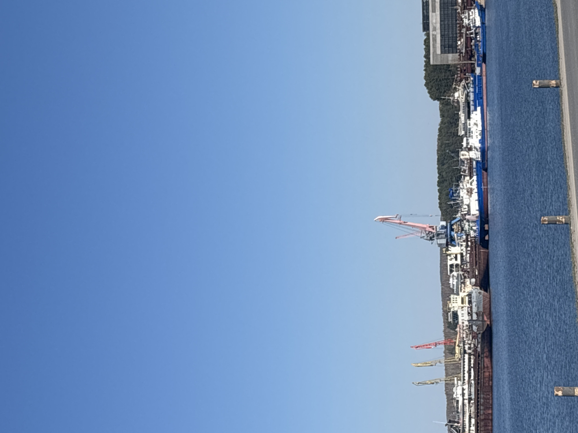 The image depicts a waterfront scene in the city of Chaikovsky, Russia. Several ships and barges are docked along the shoreline. Cranes are visible among the vessels. A building is seen in the background, along with trees. The sky is blue and clear. The water appears calm.