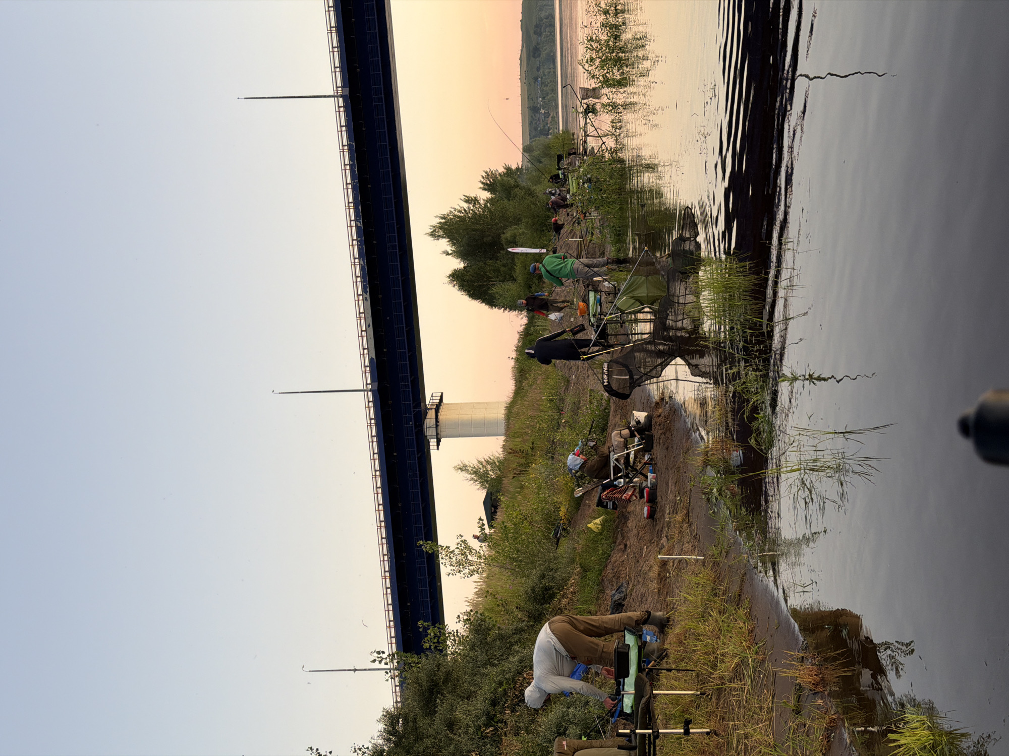 In Tarasovo, Russia, at sunset, a group of individuals are fishing from the bank of a wide river. A large blue bridge with white supporting pillars spans the horizon. The bank is covered in sand, grass, and low-lying bushes. Several fishing rods are set up, with nets and tackle boxes visible. One person in a grey hooded sweatshirt is tending to fishing gear on a portable table. Another person is seated in a folding chair, holding a fishing rod. The water reflects the soft colors of the sunset and the surrounding environment.