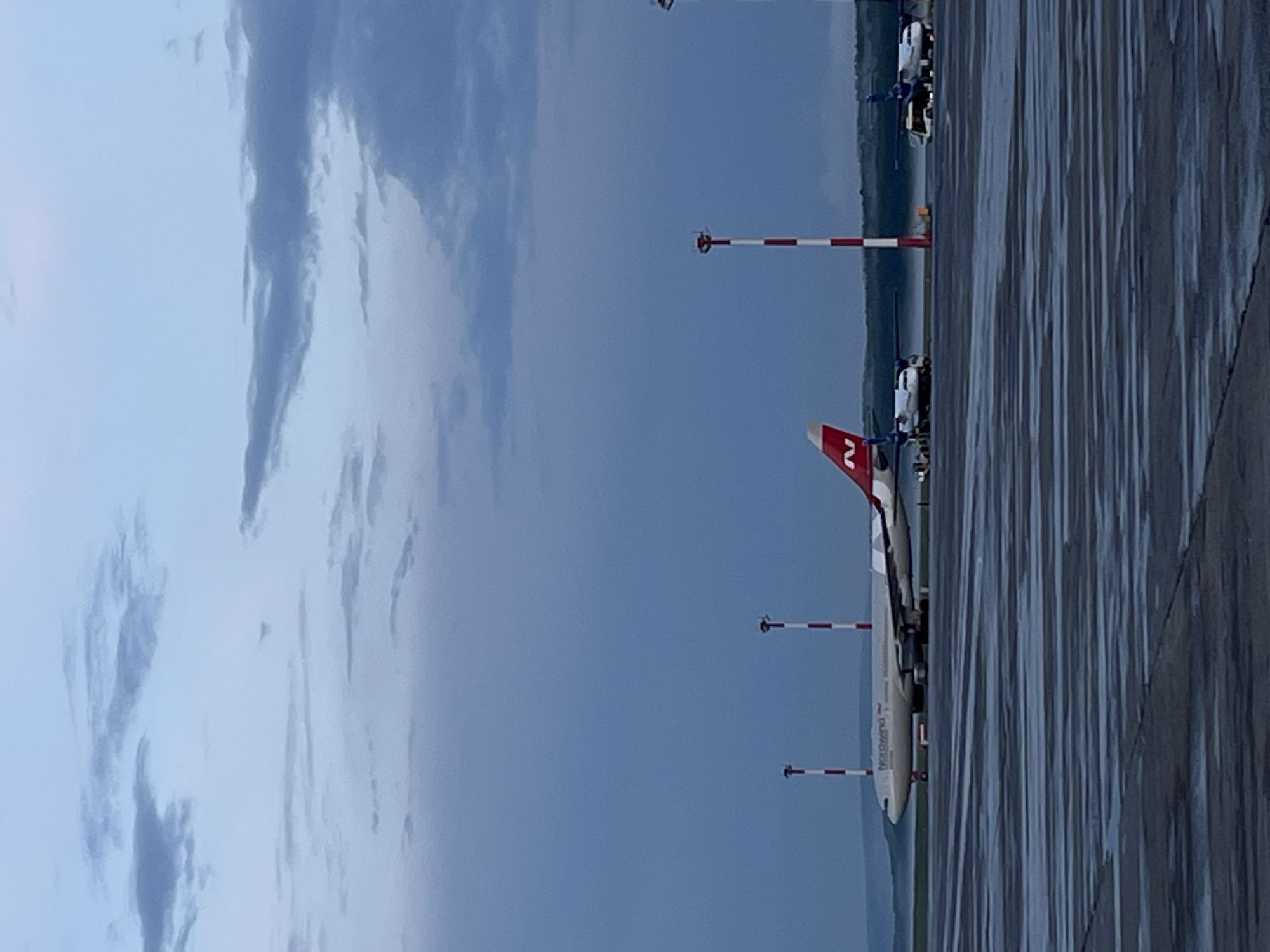 The image captures an airport tarmac scene at Емельяново (Emelyanovo) airport in Russia. The orientation of the image is vertical. The sky is overcast with diffused light, suggesting it is either early morning or late afternoon, with a prevalent gray-blue hue. The ground appears wet, possibly from recent rain, reflecting the ambient light and creating a textured, streaky appearance on the tarmac.
The primary subject is an airplane, partially visible on the right side of the frame, with its tail featuring a red and white emblem and some white text on its fuselage. The plane is stationary on the tarmac. In the background, several vehicles, possibly service vehicles or buses, are lined up.
Several striped poles, alternating red and white, are positioned along the tarmac, serving as markers or visual aids. These poles are a common feature in airport environments. The overall impression is one of quiet activity at an airport under a cloudy sky. No specific event or strong emotions are discernible; the scene conveys a sense of routine airport operations.
The visible text on the airplane's fuselage is somewhat obscured but appears to be white lettering against a darker background. The text on the tail is a red symbol with a white "N" or similar character.