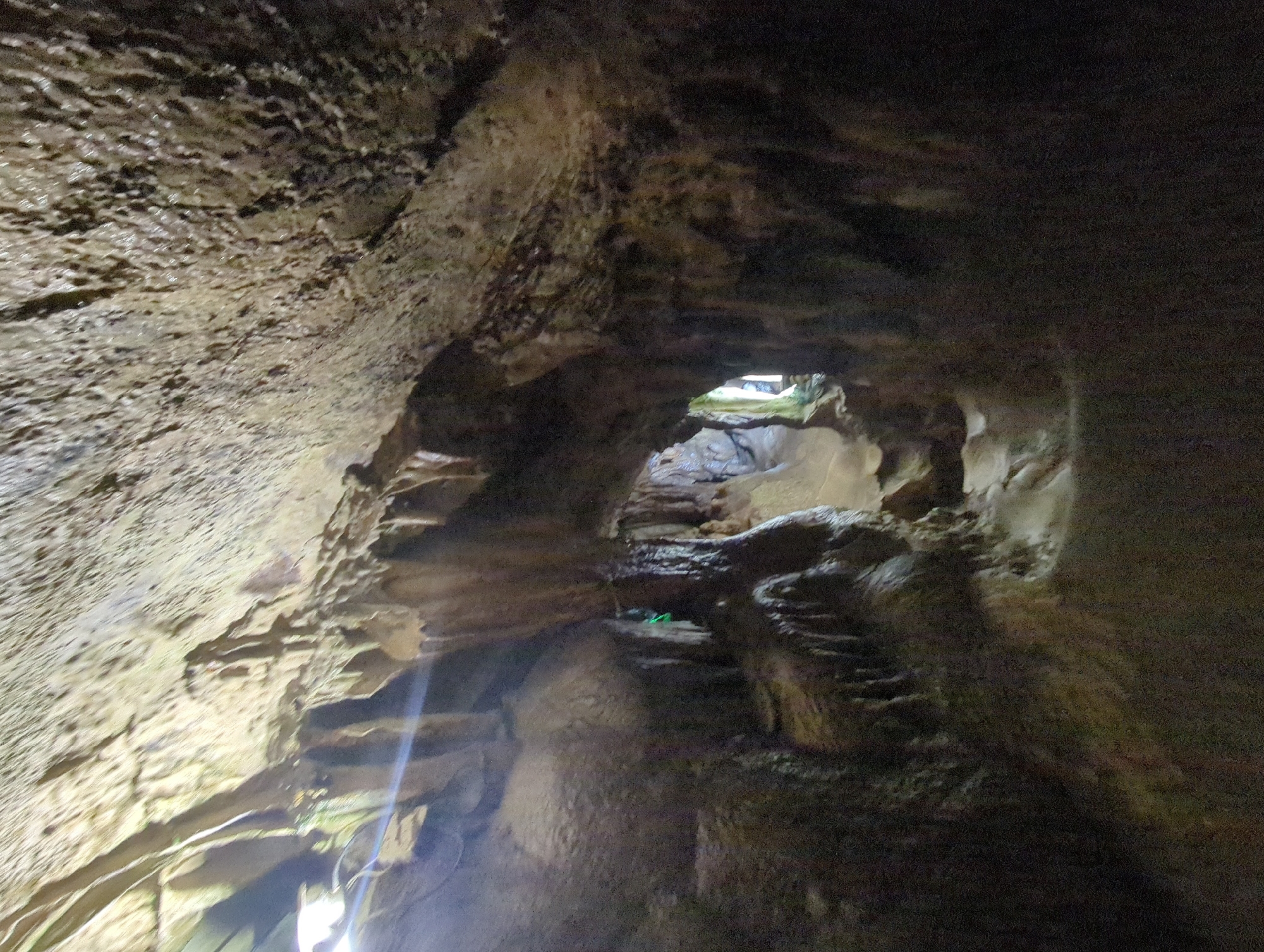 The image shows the interior of a cave, likely a tourist attraction given the lighting and visible path. The cave ceiling is rough and textured with visible stalactites hanging down. The walls are also rugged and appear damp. A narrow passage is visible in the mid-ground, leading further into the cave, with some light emanating from the end of this passage. The colors are predominantly earthy tones of brown and grey, with some green possibly from moss or algae and artificial lighting. The overall impression is of a natural geological formation. This specific cave is likely the "Ledenika Cave" located near Vratsa, Bulgaria, which is known for its ice formations in winter and is a popular tourist destination.