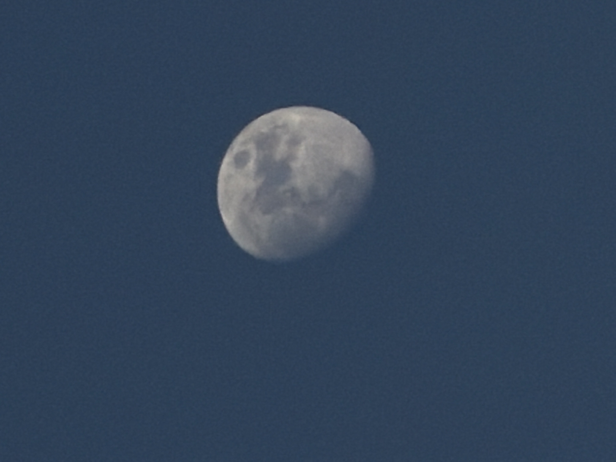 The image shows a waning gibbous moon in the dark blue sky. The moon's surface details, including craters and maria, are visible. The photo appears to be taken during twilight or early evening. Location information is not available.