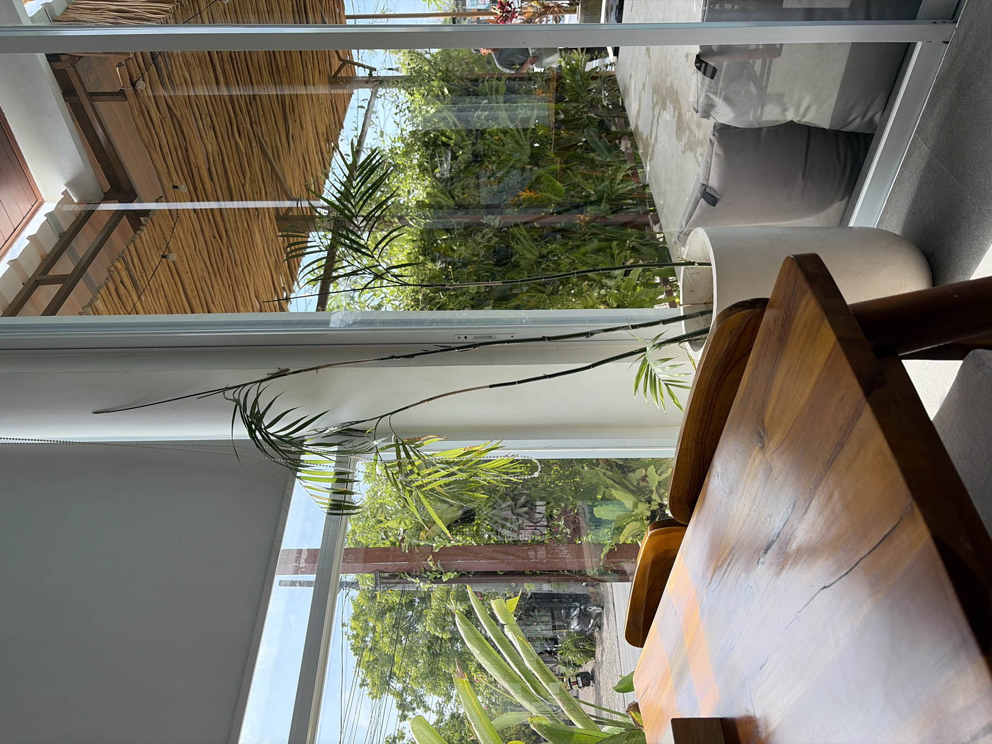 The image depicts the interior of a cafe in Kubu, Indonesia, with a large window offering a view of the outdoors. In the foreground, a wooden table and chairs are visible, suggesting a seating area. Outside the window, lush greenery and trees create a tropical atmosphere. A street with a parked motorcycle can be seen, indicating an urban setting. The cafe's interior features a tall white planter with a thin plant, and a textured ceiling made of natural materials. Sunlight streams in, casting shadows and highlighting the textures of the wooden furniture. The scene conveys a relaxed and inviting ambiance.