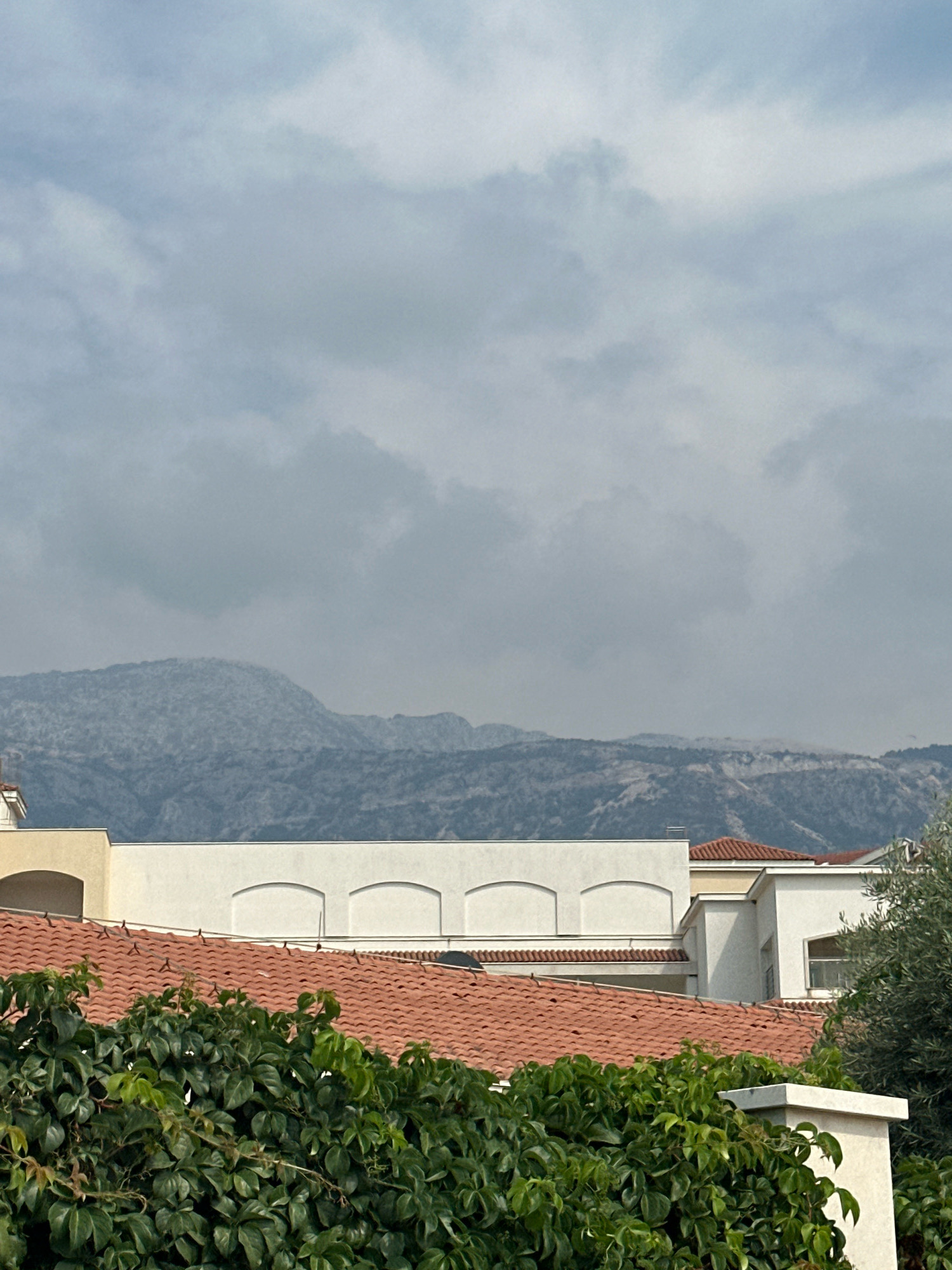 The image depicts a view of buildings and mountains under a cloudy sky, likely in Boreti, Montenegro. In the foreground, there is a dense green hedge of ivy covering the lower portion of the frame. Behind the hedge, terracotta tiled roofs of buildings are visible. One building features white walls with arched decorative elements and a yellow section on the left. Another white building with a more modern design is visible to the right, with a small window. In the background, a range of rugged, grey mountains stretches across the horizon, partially obscured by clouds. The sky is overcast with soft, diffused light.