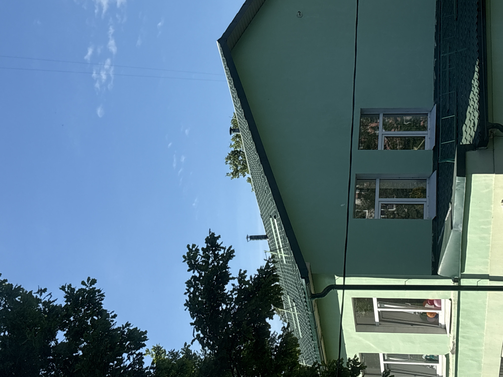 The image, taken in Saint Petersburg, Russia, captures a bright daytime scene featuring a light green building and lush trees against a clear blue sky. The photograph is oriented vertically, showing the building on its side.
When viewed correctly, the multi-story building has light green walls and a dark green, steeply sloped roof with visible tiles and gutters. Several rectangular windows are present on the building's facade. Reflections in the upper windows suggest the presence of other buildings or trees opposite. A prominent dark chimney pipe is visible on the roof, partially obscured by tree branches. Below the roofline, a small, dark pipe runs horizontally across the building's exterior.
In one of the lower windows, a collection of colorful balloons (red, pink, and orange/yellow) is visible, indicating an interior decoration or celebration. Dark green, full-foliaged trees occupy the foreground and midground, their branches reaching up towards the building and sky. The sky is largely clear and vibrant blue, with a few wispy white clouds scattered across it. Thin power lines traverse the upper portion of the sky. The overall impression is one of a sunny day in an urban or suburban setting. No people or visible text are present in the image.