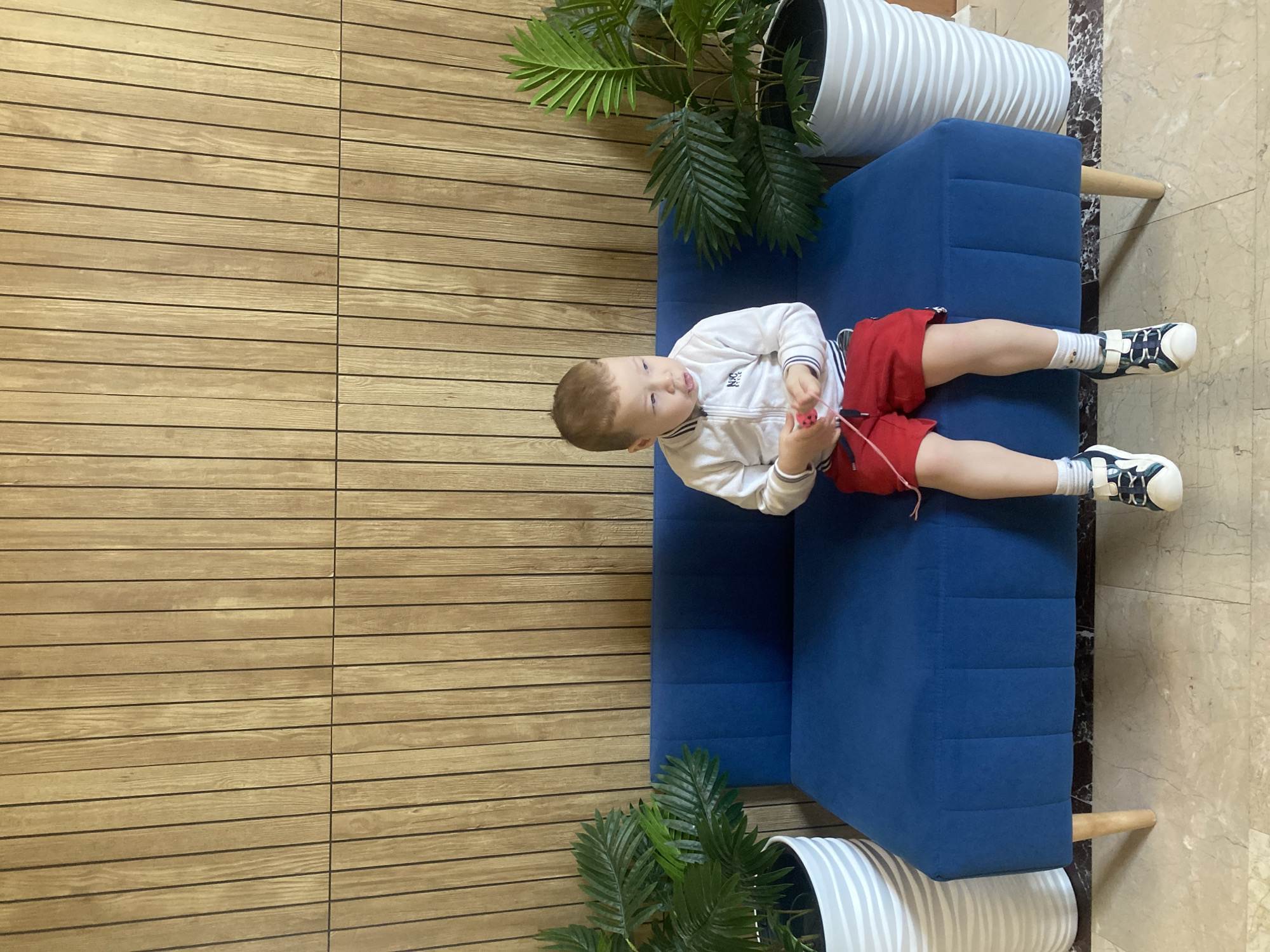A young boy sits on a blue couch in what appears to be a hotel lobby or waiting area. The boy is fair-skinned with short brown hair and wears a white zipper jacket with dark trim, red shorts, striped socks, and athletic shoes. He is holding a pink object with string attached to it. The couch is placed against a wall with a wooden plank design. Potted plants in white striped planters are positioned at either end of the couch. The floor is a light beige marble pattern. The location might be in Sochi, Russia, given that it's part of the user's request.
