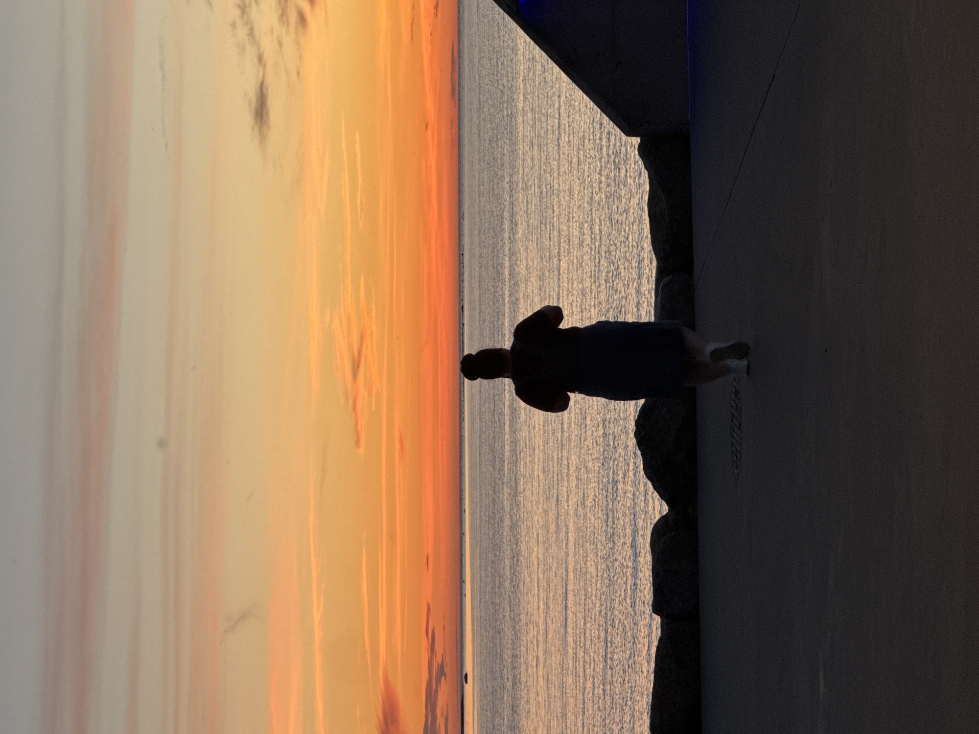 The image depicts a silhouette of a person with their back to the camera, standing on a paved area. The person has their hair in a bun and appears to be wearing a dark top and a light-colored skirt or dress. They are facing a body of water, likely the sea, under a vibrant sunset sky painted in hues of orange and yellow with subtle pink and gray clouds. The water is calm, reflecting the colors of the sky. A rocky shoreline separates the paved area from the water. To the right of the image, a dark, angular structure, possibly a modern building or monument, is partially visible, with a hint of blue light emanating from its base. The ground in the foreground is a dark, textured pavement. The overall scene is tranquil, capturing a moment at dusk. The location is the promenade area of Tallinn, Estonia, near the Seaplane Harbour Museum.