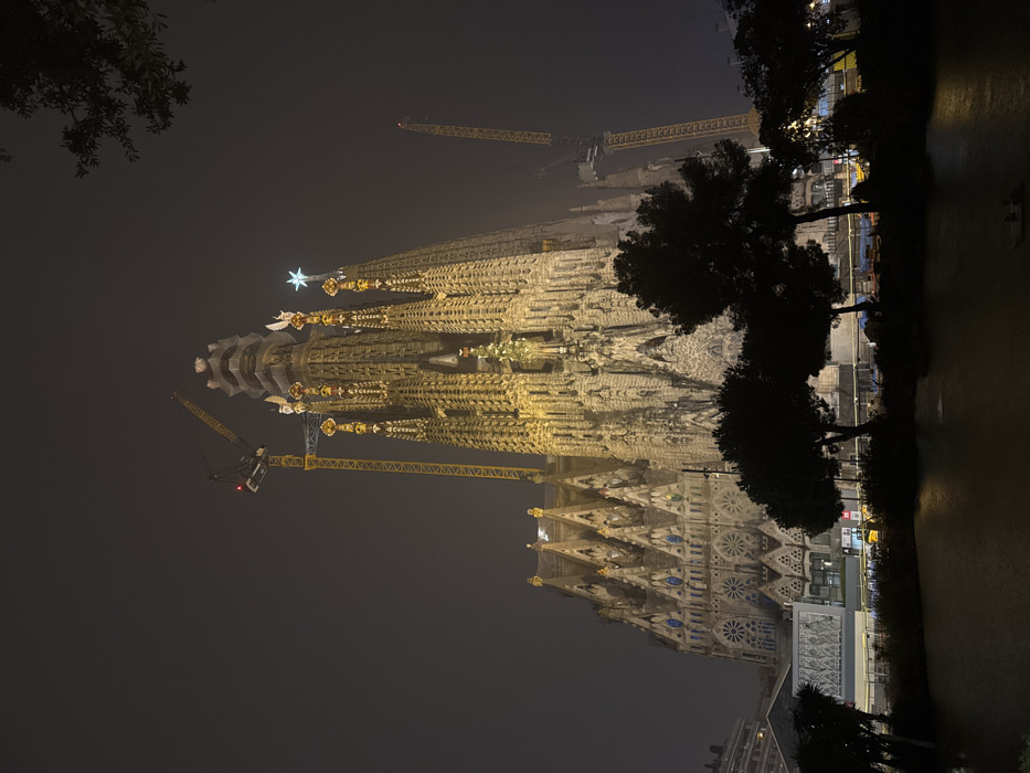 The Sagrada Familia church in Barcelona stands illuminated at night, shrouded in mist. Tall spires reach skyward, some topped with stars. Cranes suggest ongoing construction. Dark trees flank the right side, silhouetted against the light. The overall tone is somber yet majestic, emphasizing the church's grandeur even amidst urban activity. The perspective is unusual, adding to the dramatic effect.